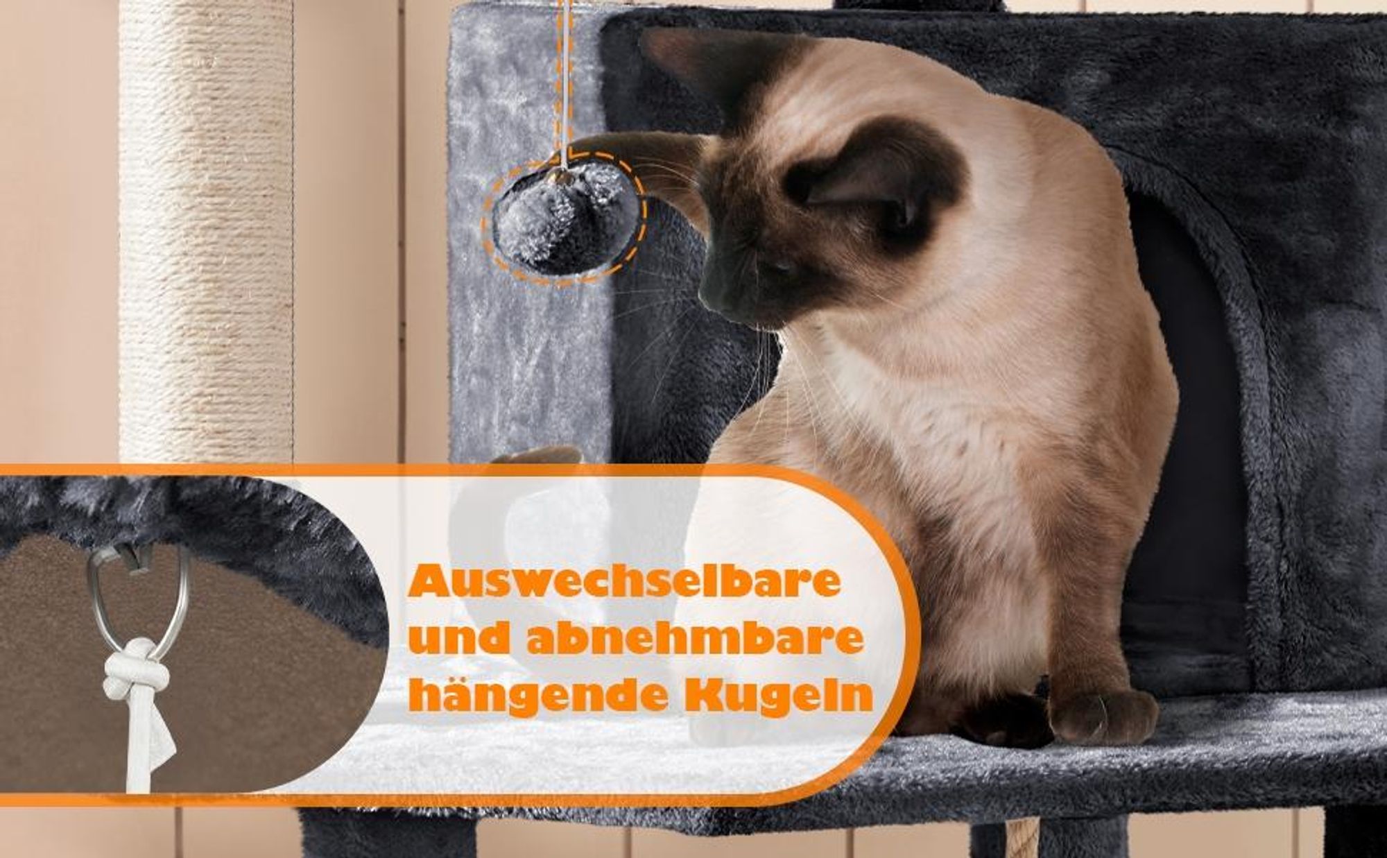 Yaheetech Kratzbaum 181 cm H, mit 2 Katzenhöhlen & 2 Plattformen & 5 Sisalstämmen, großer Katzenkratzbaum stabil, Dunkelgrau