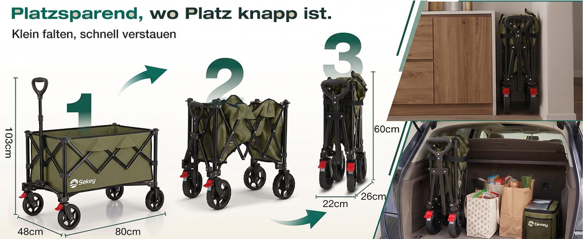 Sekey Bollerwagen faltbar 150 kg mit Bremsen, klappbarer Handwagen für Garten und Ausflug, Grün