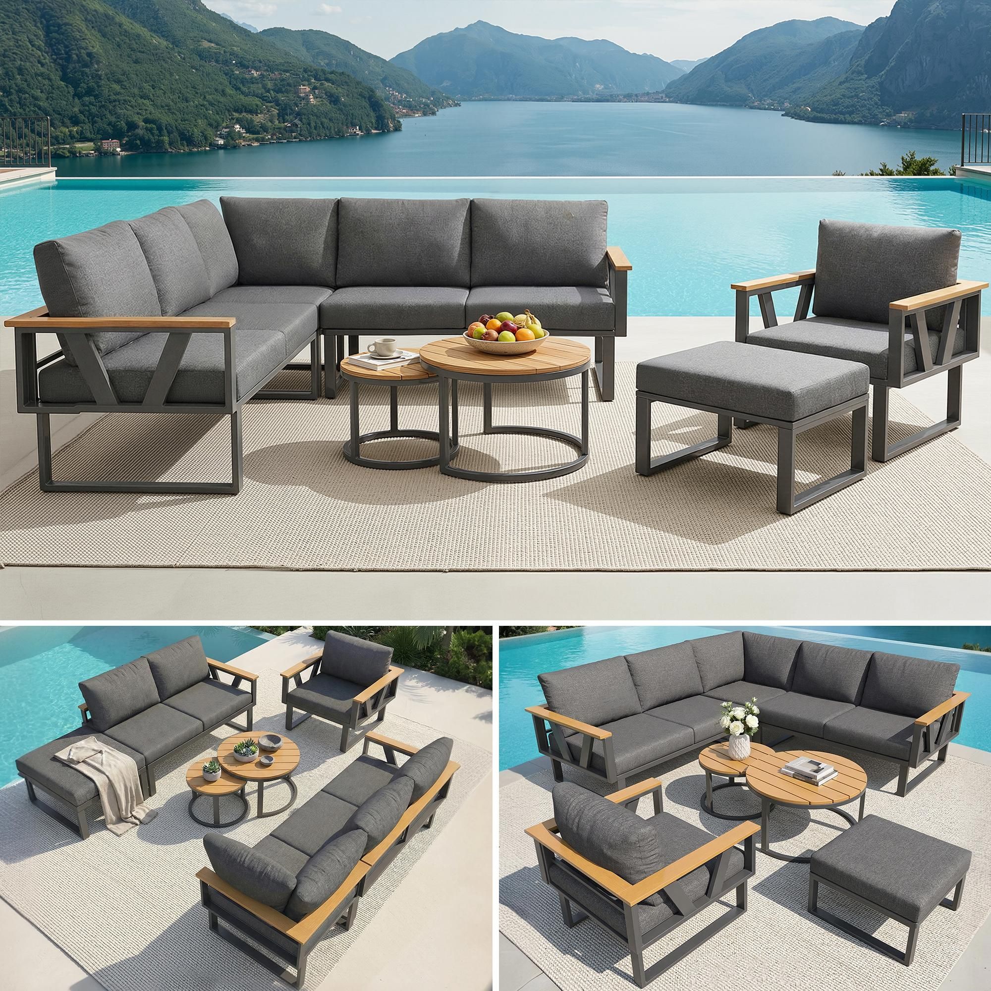 Flieks Gartenlounge-Set 7-tlg., Gartenmöbelset mit 2 Couchtischen für 6-7 Personen, Gartensofa mit abnehmbaren Kissen, Loungemöbelset Grau