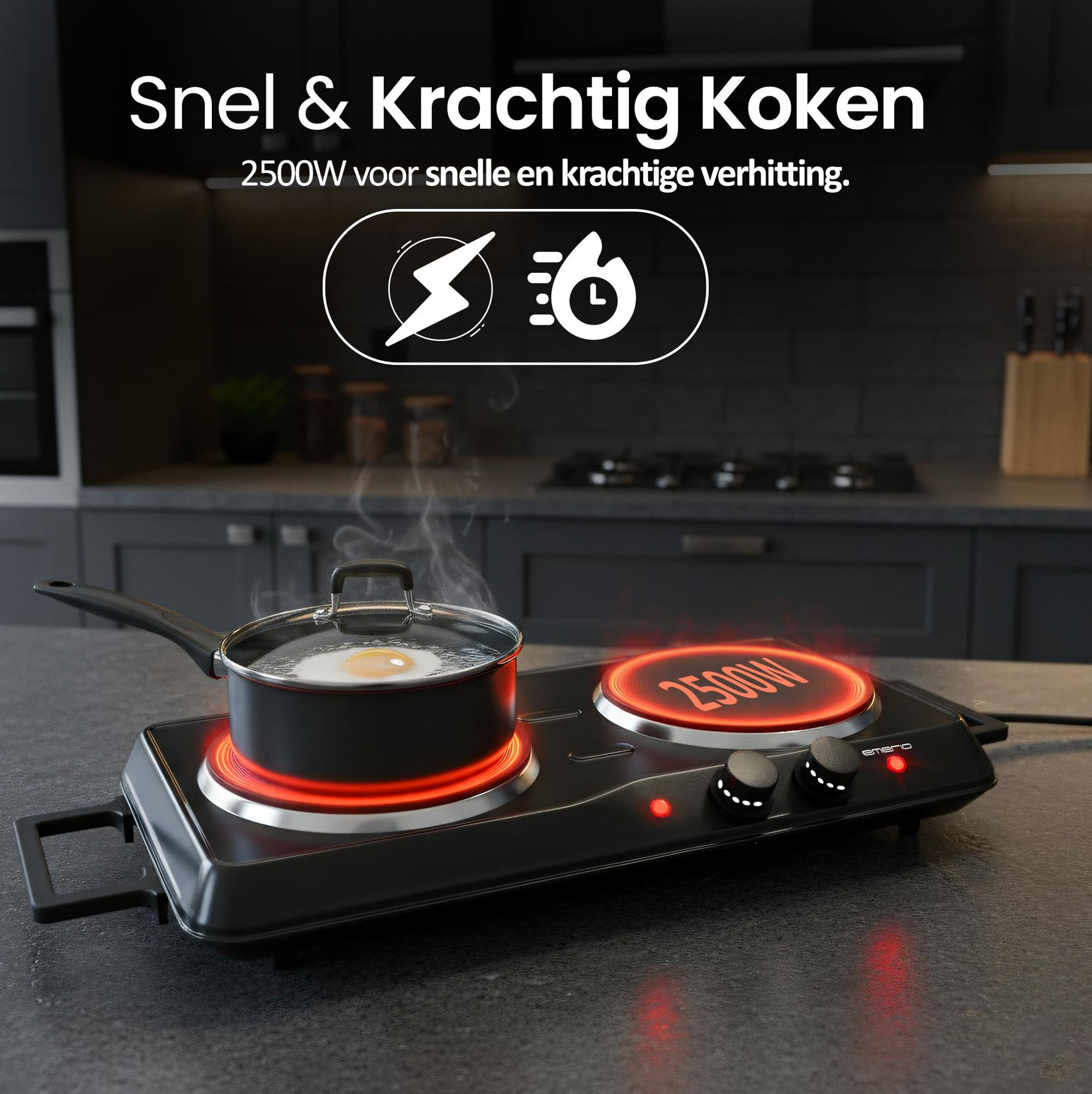 Emerio Elektrische Kookplaat – 2 Kookzones – 2500 W – Instelbare Thermostaat – Indicatielampje – Ø 15,5 cm + 18,5 cm – Zwart – HP-114482.7