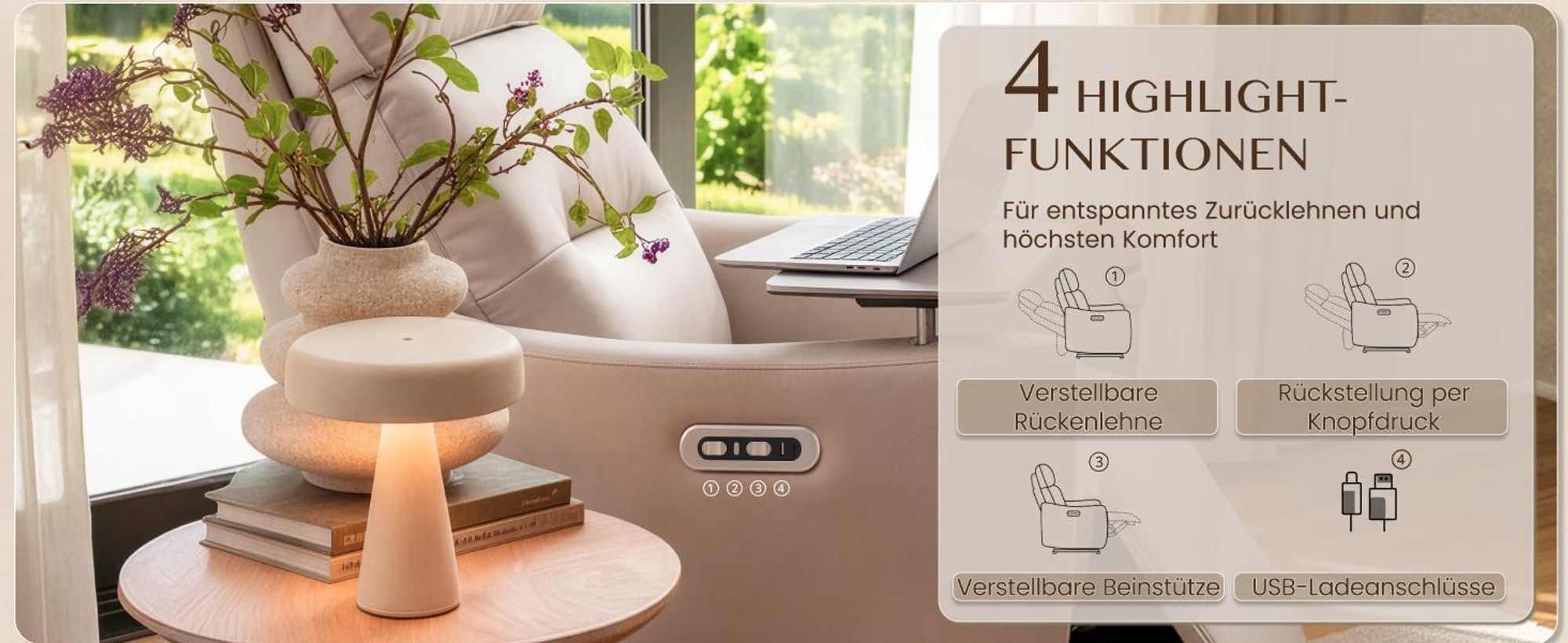 FLEXISPOT Lune Pro Elektrischer Relaxsessel, Doppelmotor, Echtleder, 180° Liegefunktion, 3-fach Kopfstütze, USB-Anschluss & 360° Schwenktisch, Beige