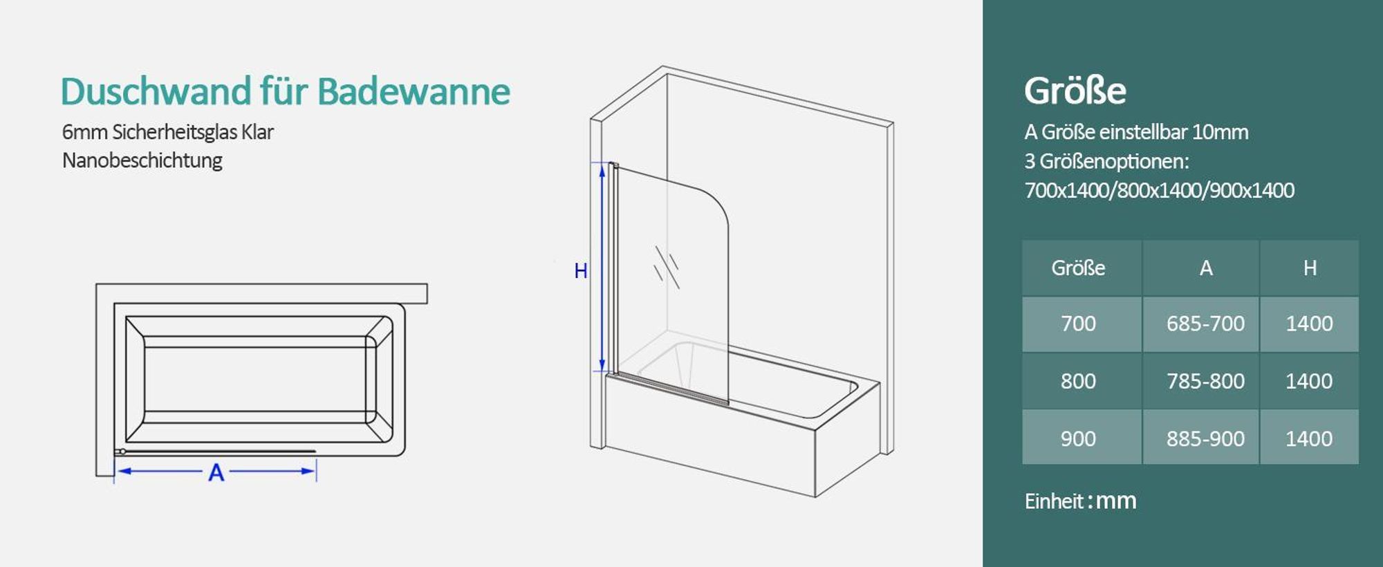 EMKE 90x140cm Duschtrennwand für Badewanne Faltwand Duschabtrennung Badewannenaufsatz NANO einfach-Reinigung Beschichtung