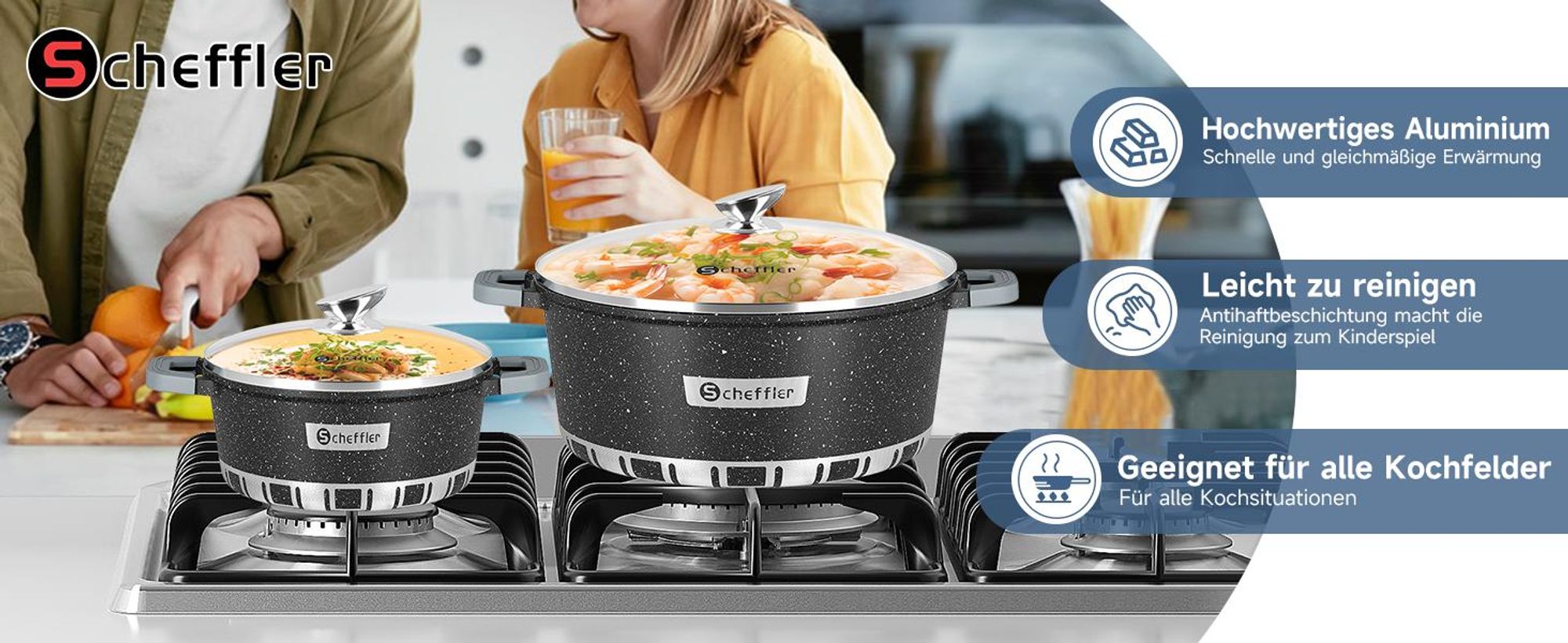 Topf Scheffler Topf Induktions Kochtopf mit Deckel, Antihaftbeschichtung, 20cm/2,6L Topf, für alle Herdarten, Aluminium-Kochtopf