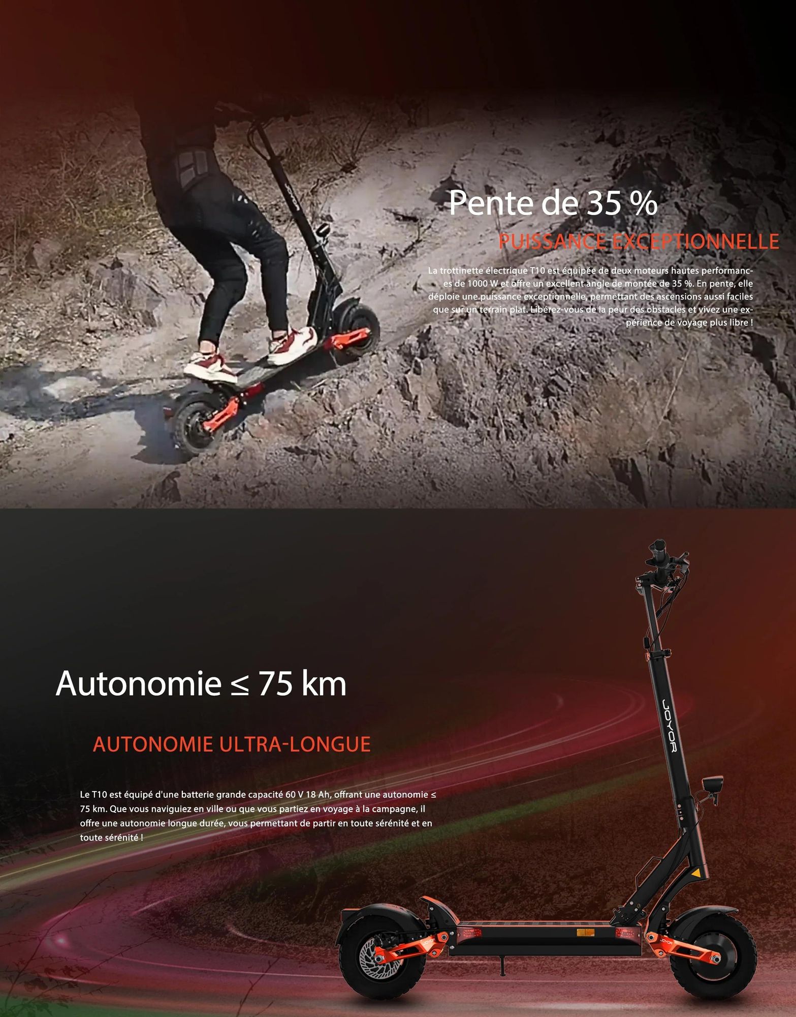 JOYOR T10 Pliable Trottinette électrique - Moteur 1000W x2 Batterie 60V18AH Pneus de 10 Pouces - Noir
