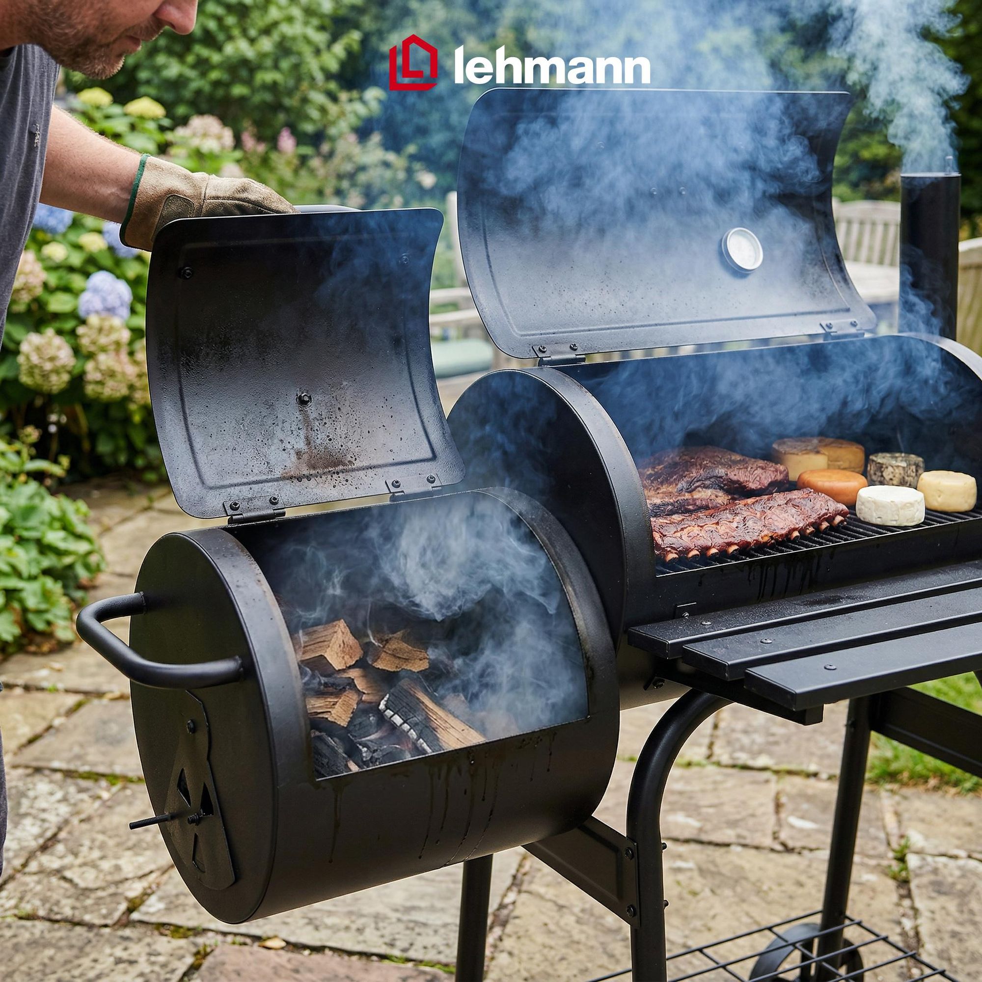 Grill wędzarniowy i węglowy LEHMANN 2 w 1 – 2 komory, pokrywa, wbudowany termometr i uchwyt odporny na wysoką temperaturę, kolor czarny