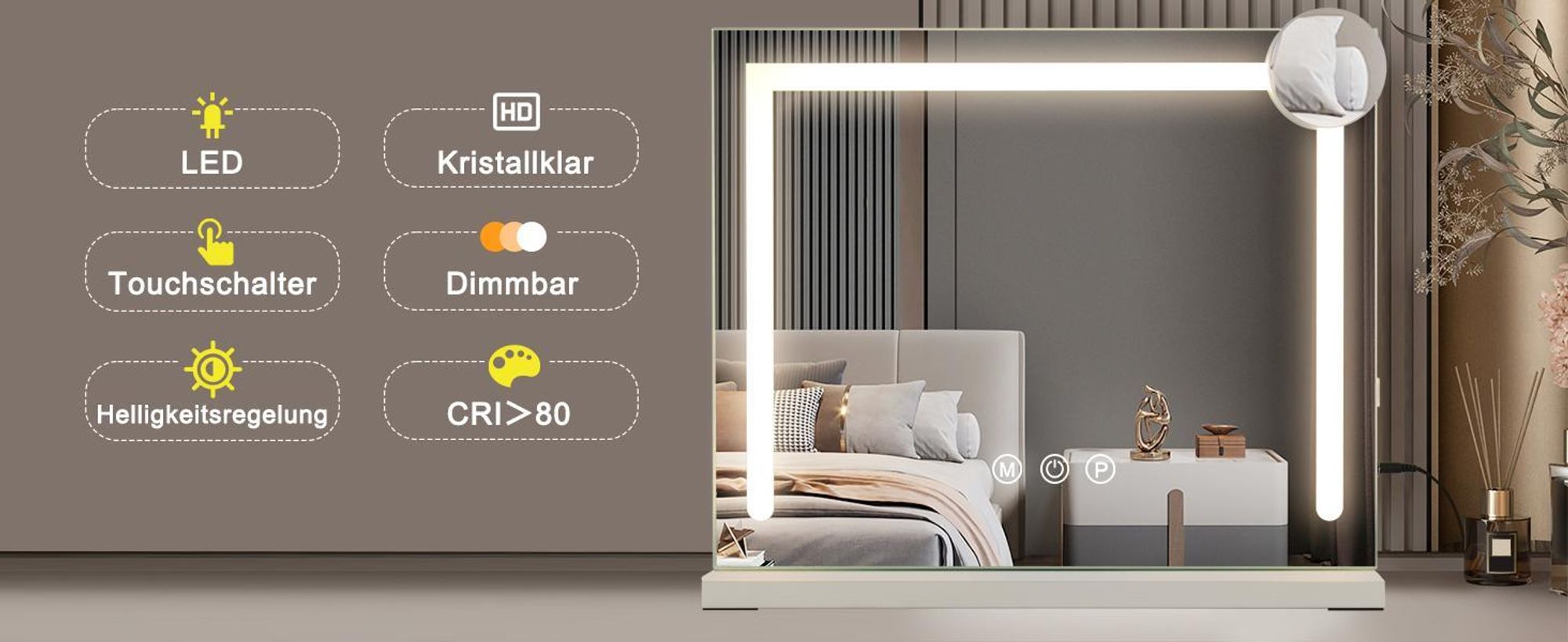 ZMH Kosmetické zrcadlo Stmívatelné LED osvětlení 50 x 40 cm 3 režimy barevného osvětlení 5násobné zvětšení Zrcadlo USB připojení pro ložnici Šatnu