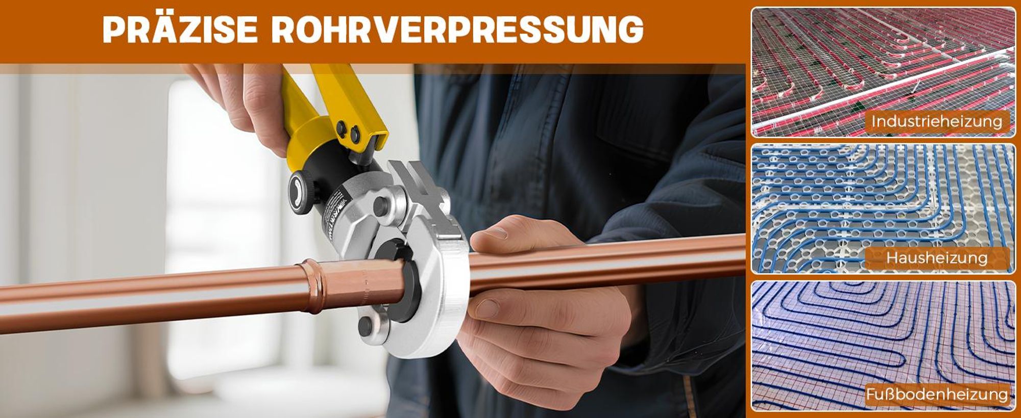 Profi Presszange V-Kontur TH-Kontur für Kupferrohr Edelstahlrohr Verbundrohr, Handpresszange, Hydraulik-Crimpzange Backeneinsätze mit TH16-32 & V12-28