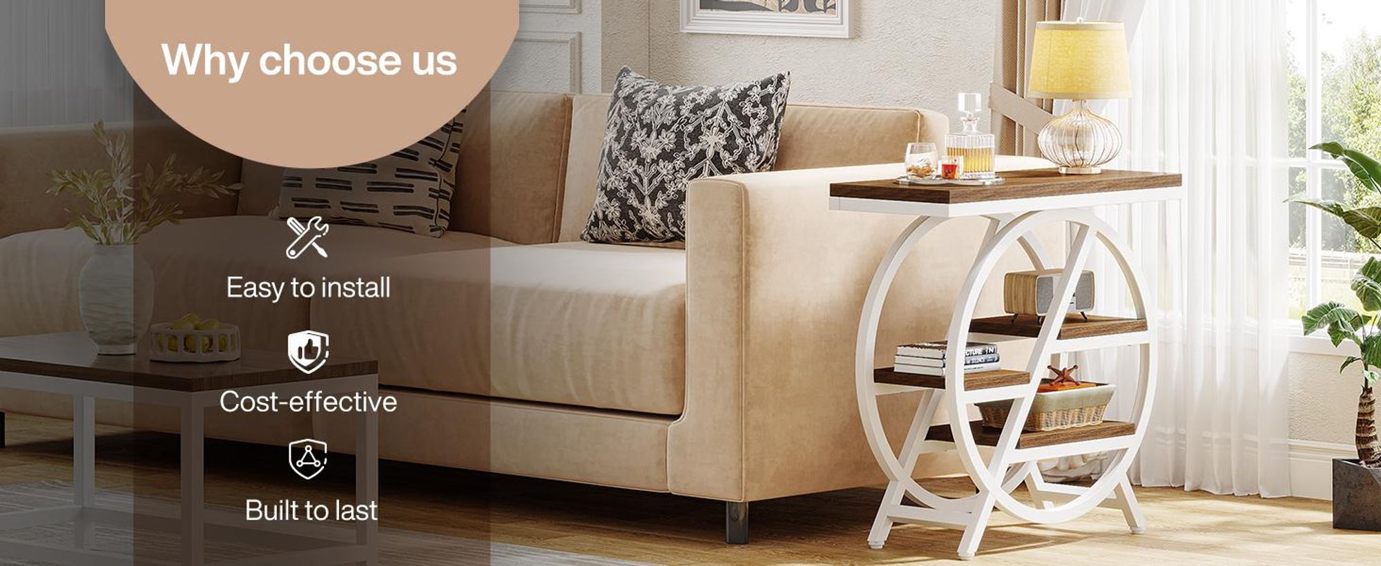 Schmaler Beistelltisch mit 4 Ablageflächen, großer Stauraum, couchtisch, Sofatisch, moderner Nachttisch für Wohnzimmer, Homeoffice, Schlafzimmer