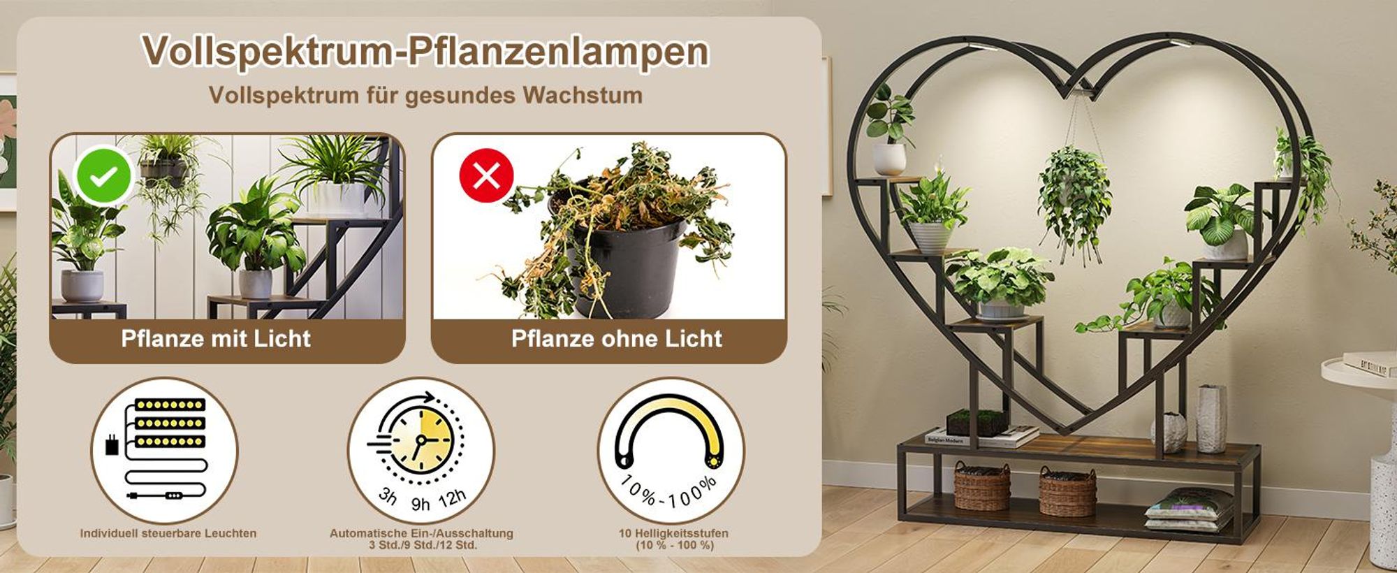 INONEFPflanzenständer mit LED-Wachstumslicht & Stauraum, Pflanzenregal Herzform,Blumenständer für Ampelpflanzen, Modernes Pflanzenregal Metall & Holz
