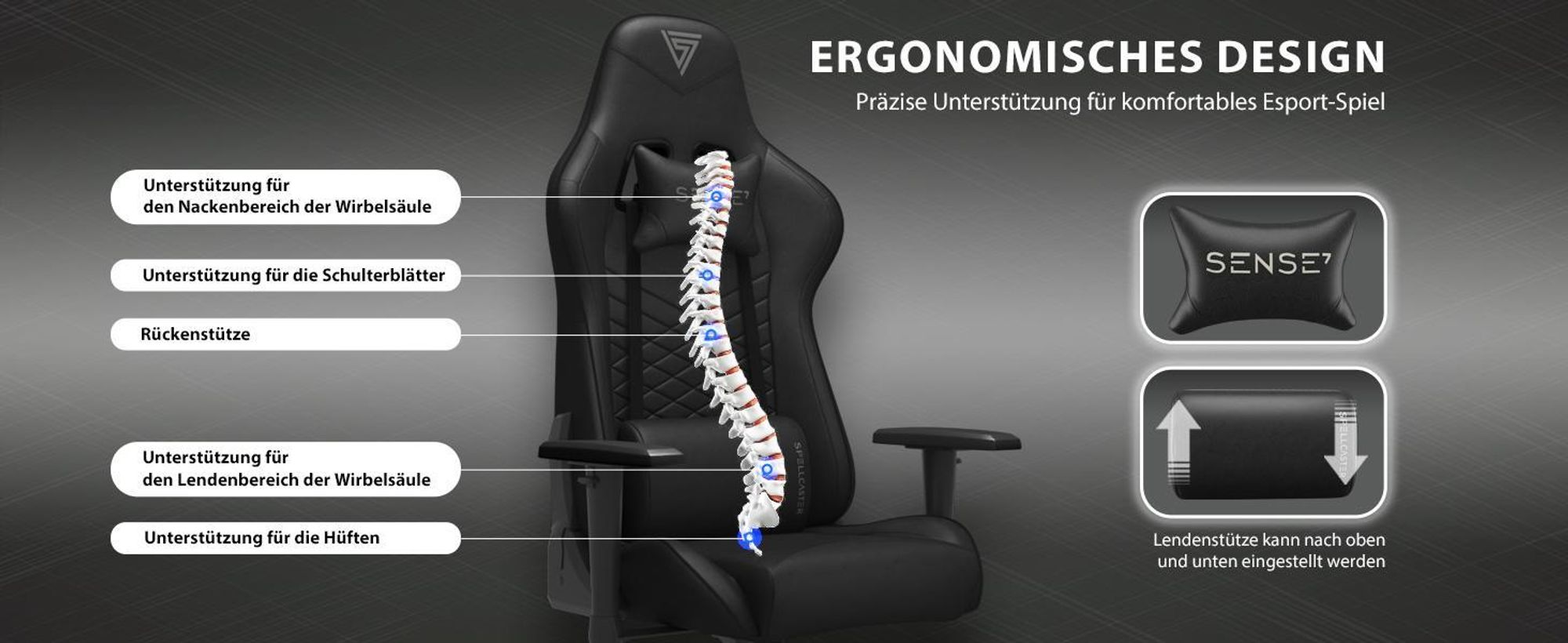 SENSE7 Spellcaster Gaming Stuhl Schwarz - Ergonomischer Bürostuhl PC Schreibtischstuhl Zockerstuhl 150 kg 2D-Armlehnen 160° Chefsessel