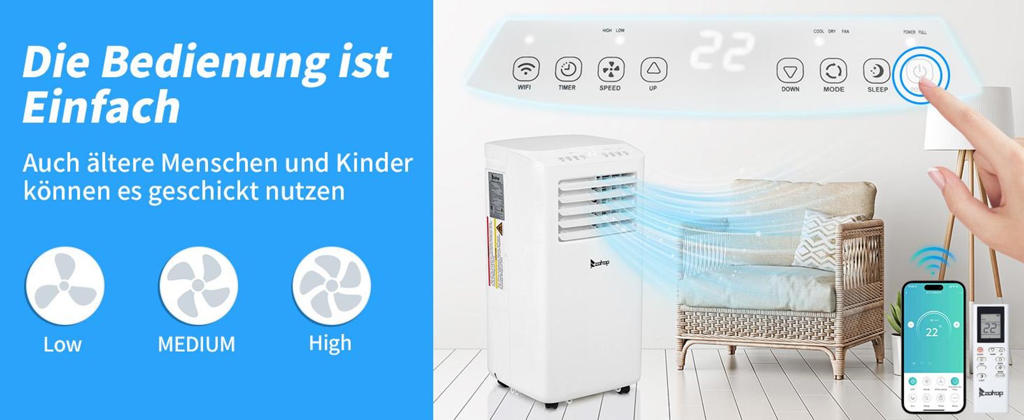 FCH Luftkühler Mobiles Klimagerät 10000 BTU/h, mit Abluftschlauch mit WIFI