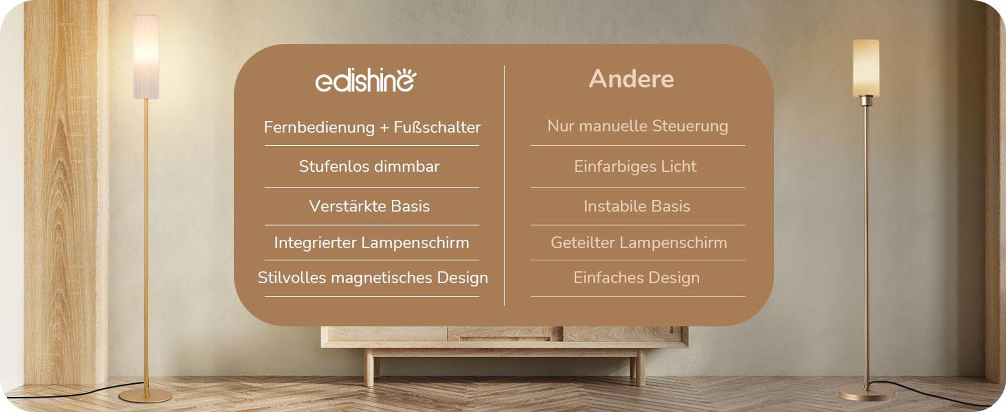 EDISHINE Stehlampe Dimmbar Wohnzimmer 165cm, LED Stehleuchte mit Fernbedienung, Gold