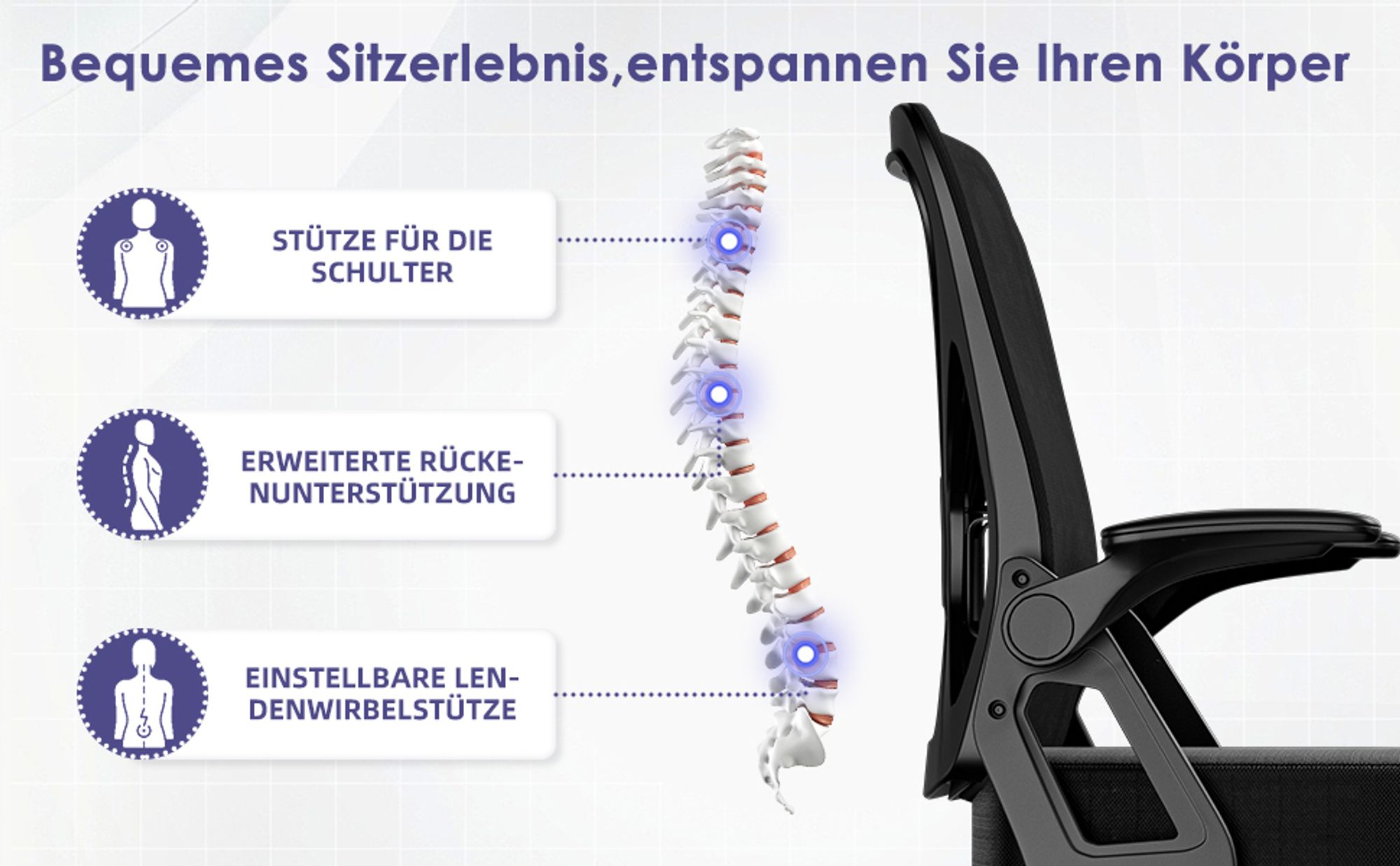 Portreen Bürostuhl, Schreibtischstuhl, bürostuhl ergonomisch mit Verstellbaren Armlehnen, höhenverstellbar,S-förmige Lendenstütze,Chefsessel 150kg