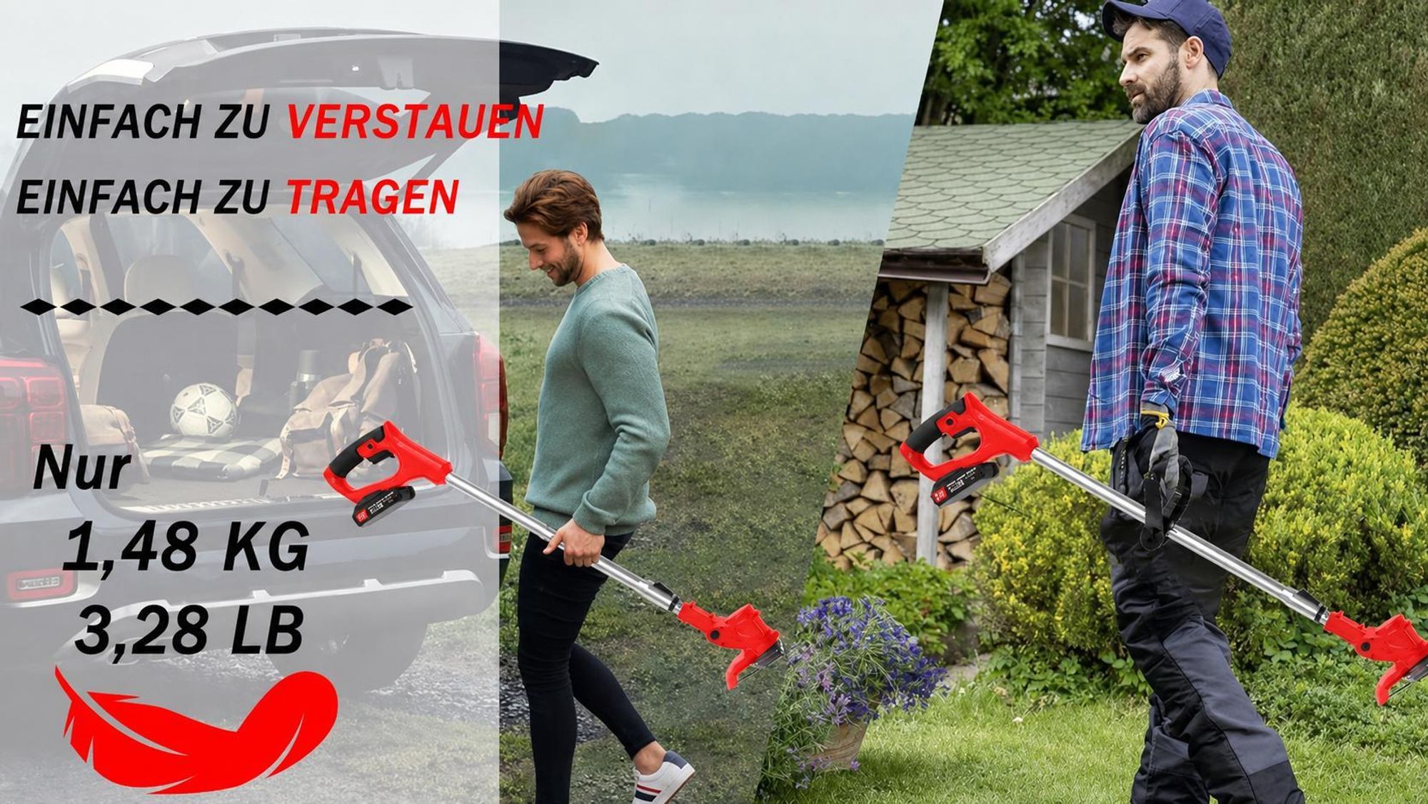 Akku Rasentrimmer, Freischneider mit 2 x 2000mAh Akku und Ladegerät, Teleskop-Stiel & Zusatzhandgriff, Mit Rädern, 180° Trimmwinkel, Arbeitssparend