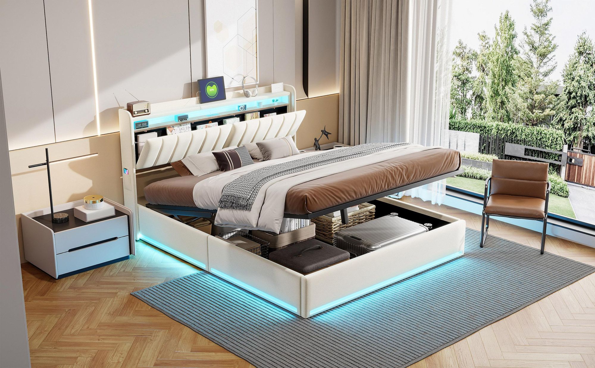 INONEFT Boxspringbett 140×190 mit LED &USB ,Polsterbett mit Stauraum,Hydraulisches Doppelbett, Samt, Beige.