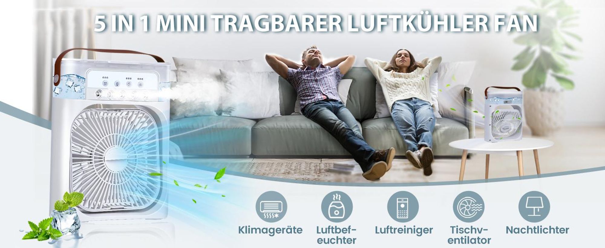 Standventilatoren, Luftkühler mit Wasserkühlung, Ventilator, mit 600 ml Wassertank, 3 Geschwindigkeiten, 7 Farben Nachtlicht, mit Wassernebel Spray