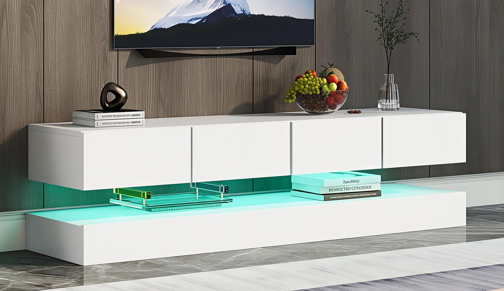 MODFU TV-Lowboard Weiß hochglanz TV-Schränke mit 16-farbiger LED-Beleuchtung,Fernsehtisch für Fernseher bis 55 Zoll, Fernsehbank,MDF,130×33×15 cm