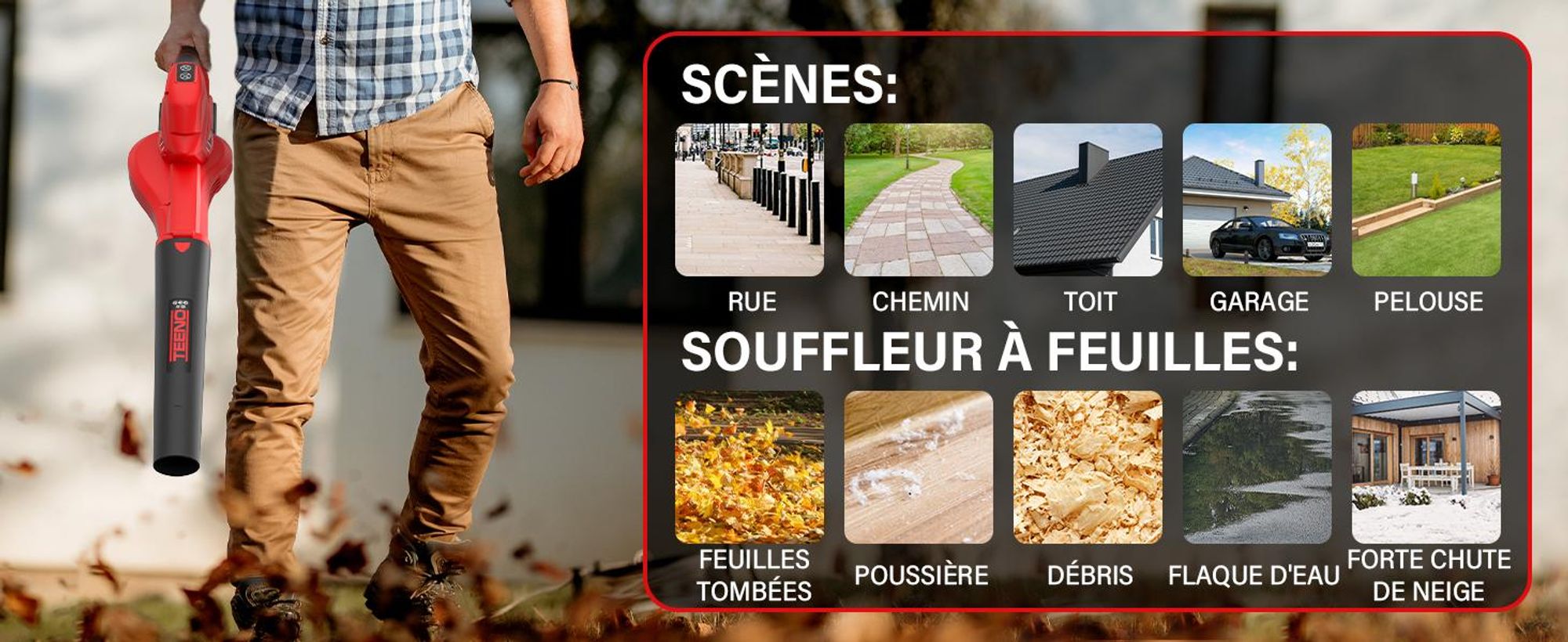 TEENO Souffleur de Feuilles Rechargeable, 21 V, 4,0 Ah, 6 Modes de Vitesse, Vitesse du Vent jusqu'à 210 km/h, Tuyau de soufflage Amovible