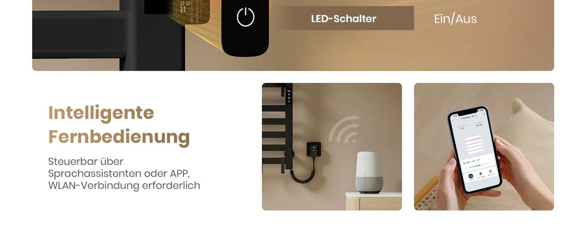 EMKE Handtuchwärmer Elektrisch WIFI Handtuchtrockner Doppelreihe Flachrohr mit Ablage & Haken 1000×500 mm 280W Tuya Alexa Schwarz Matt