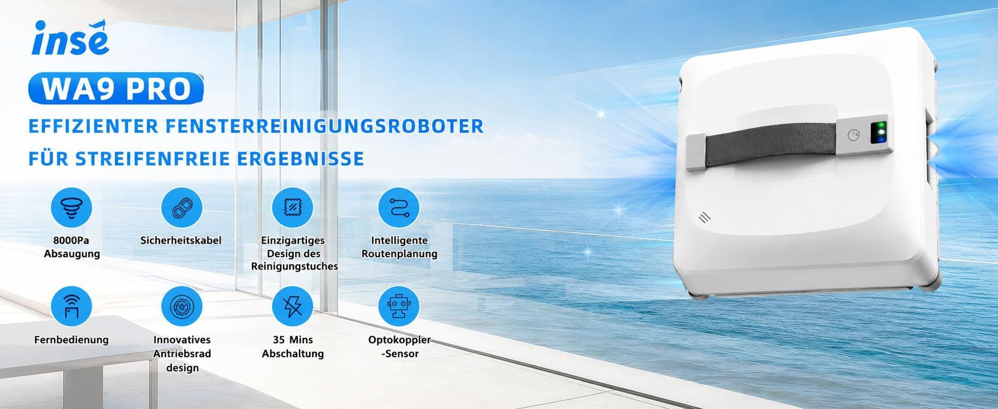 INSE Fensterputzroboter 8000 Pa, automatischer Fensterreiniger mit Wassertank, 4 Sprühdüsen, Lasersensoren, App für Fenster Glas Dusche