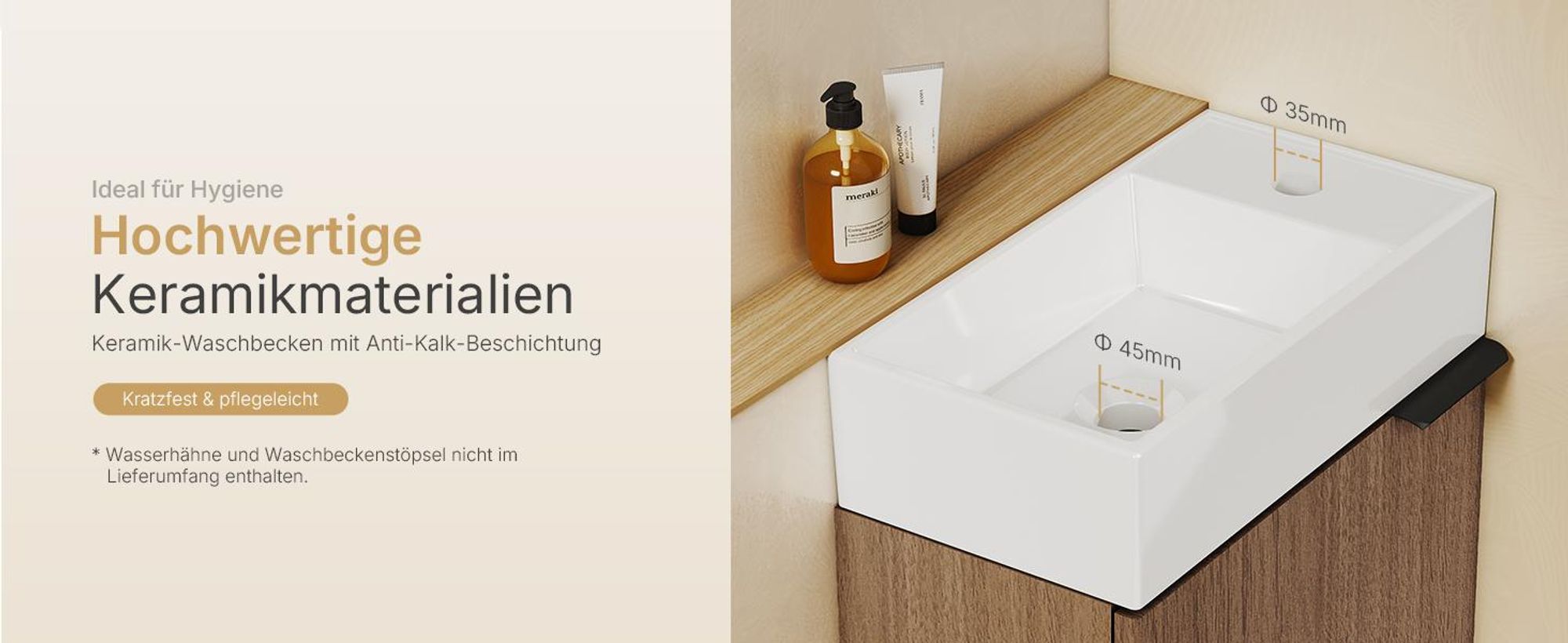 EMKE Waschbeckenunterschrank mit waschbecken 417×240×646 mm wandhängend, Badezimmerschrank, Waschtischunterschrank Soft-Close, Sonoma Eiche