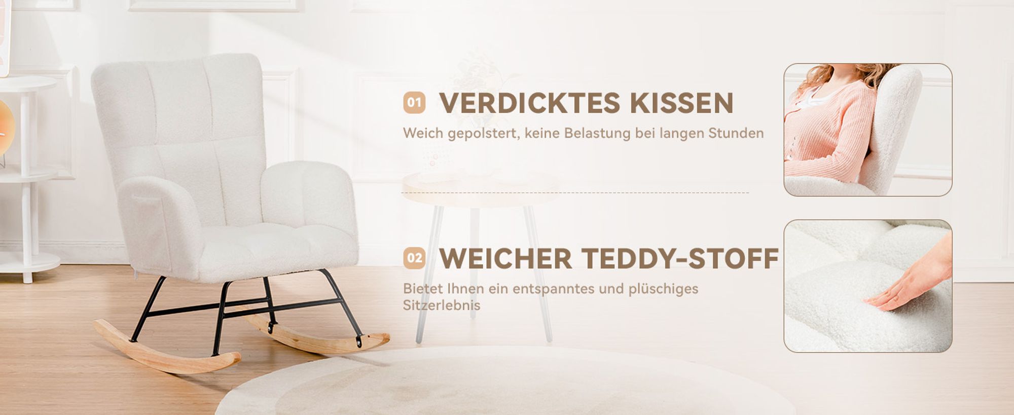 COMHOMA Schaukelstuhl, Relaxsessel mit Armlehnen, Ohrensessel aus Teddy-Plüsch Schaukelsessel, bis 150 kg belastbar für Schlafzimmer, Wohnzimmer Weiß