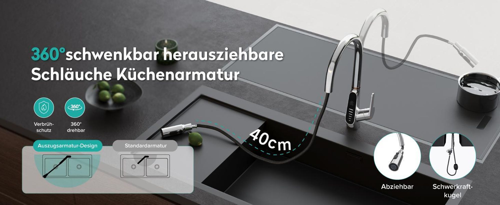 Mai & Mai Wasserhahn Küche Küchenamatur ausziehbar 360° drehbar 3 Wasserstrahl-Modi LED-Digitalanzeige Küchenwasserhahn Spültischarmatur Schwarz 8085