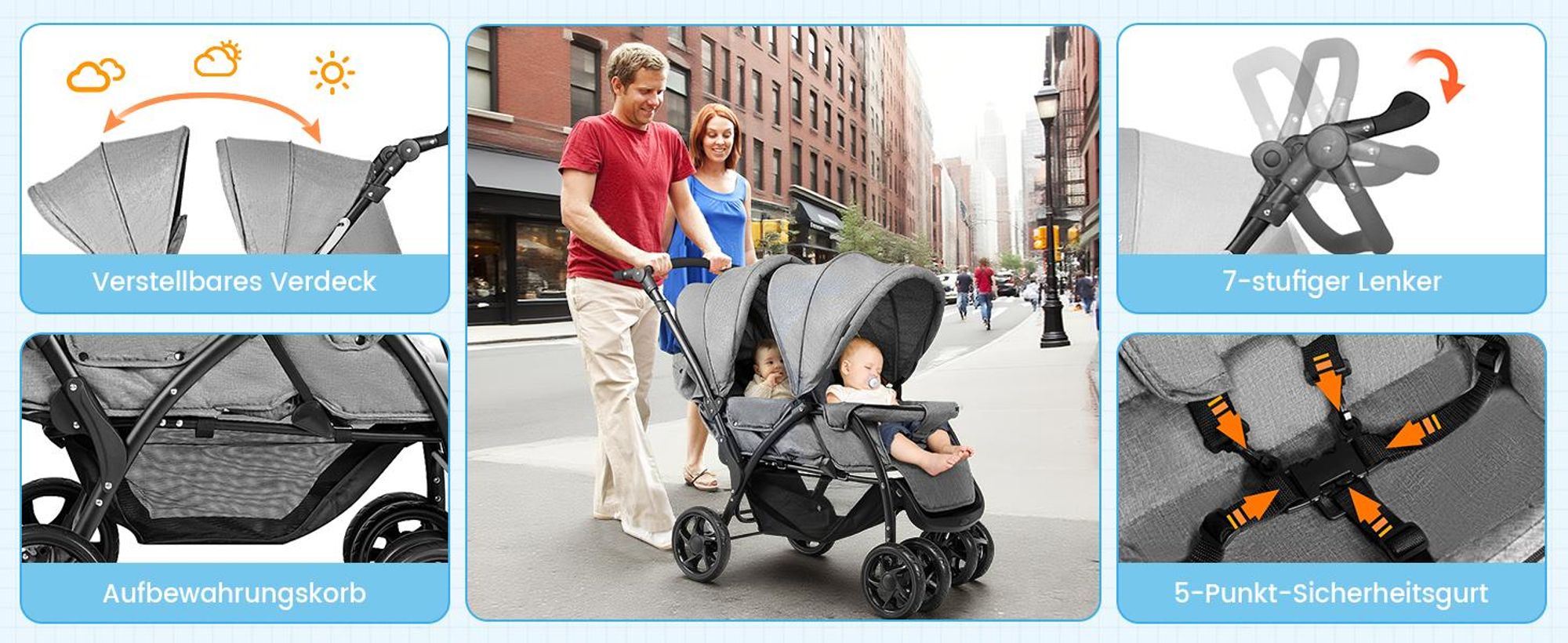COSTWAY Kombikinderwagen bis 30 kg, Geschwisterwagen klappbar, Kinderwagen mit Rückenlehne & Verdeck, Zwillingsbuggy für Baby ab 6 Monate, Grau