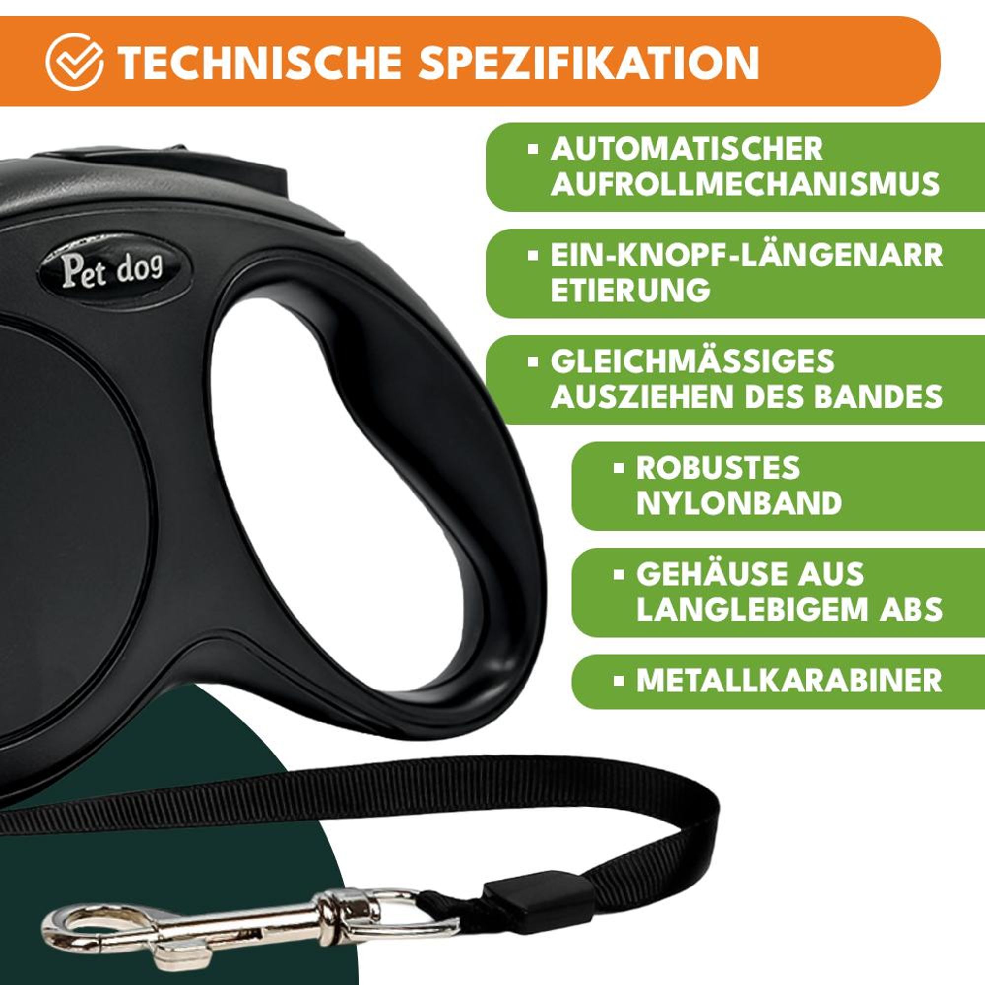 KRUMAD Automatische Hundeleine 3 m, Rollleine mit Bremssystem, leichte Flexileine aus Nylon für kleine und mittelgroße Hunde, Schwarz