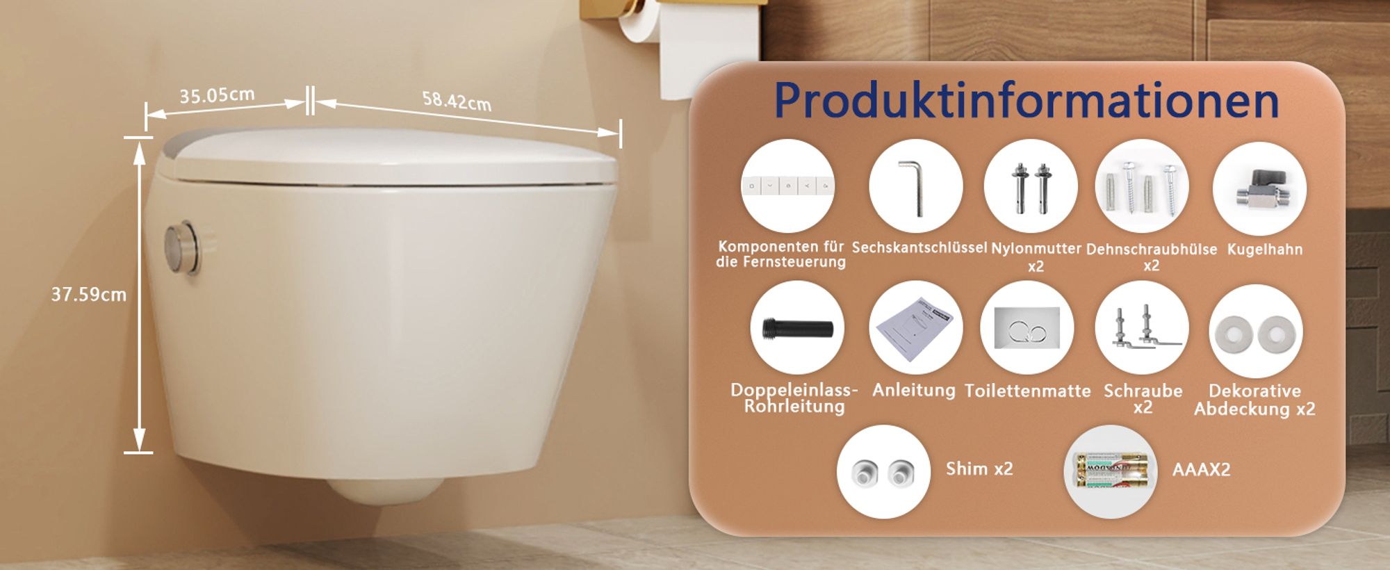 DeerValley Dusch WC mit Bidet, beheiztem Sitz, selbstreinigender Düse, automatischer Spülung & Fernbedienung – Komplettanlage inkl. Vorwandelement