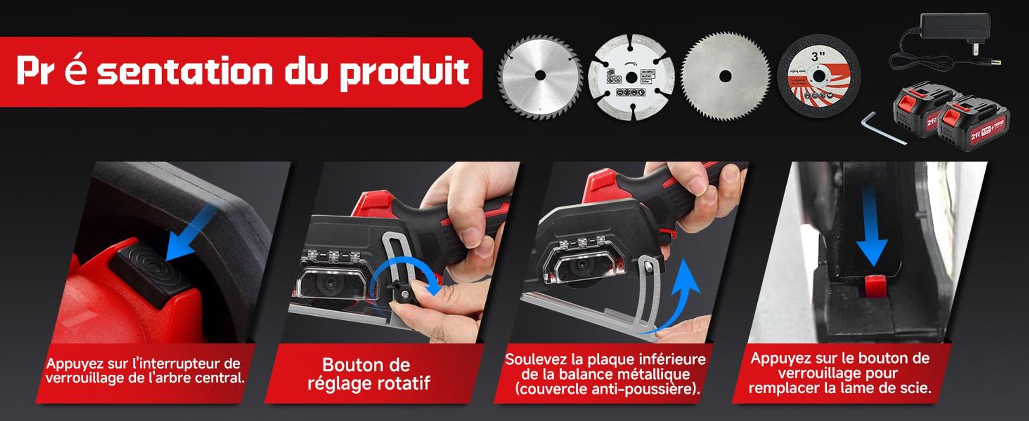 TEENO Scie circulaire sans fil, 2x4000 mAh batteries, 20000 tr/min, Mini scie circulaire, 4 lames incluses (76 mm), Pour bois