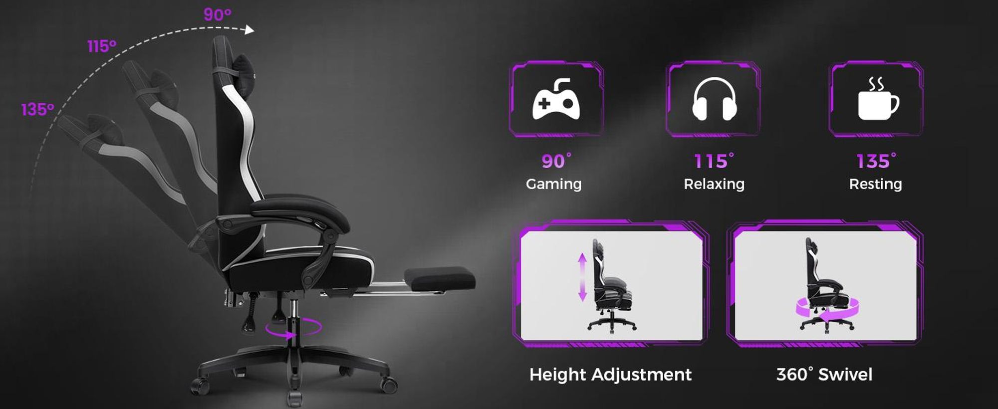 GTPLAYER herné kreslo Ergonomické herné kreslo Stolová stolička Pretekárske kreslo pre hráčov PC s textilným povrchom, perový sedák s opierkou na nohy čierna