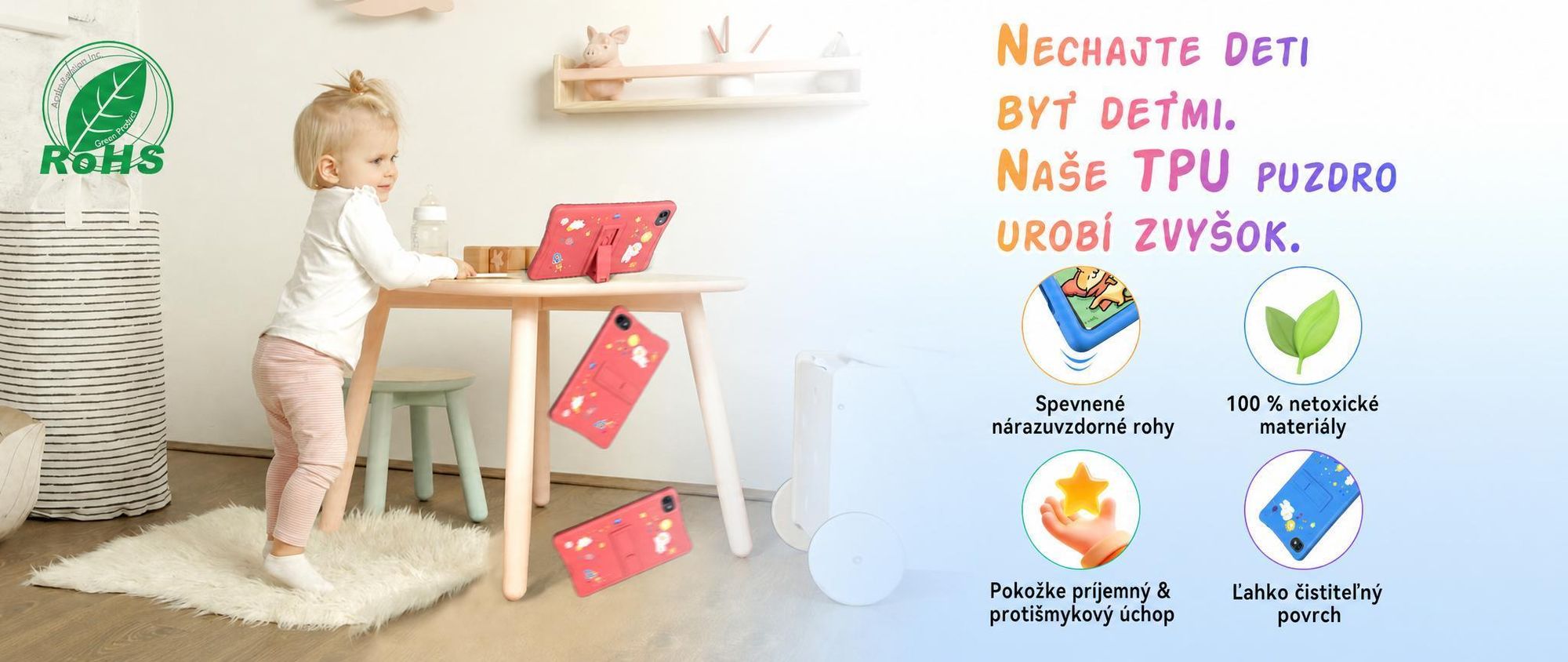 Tabwee K10 Kids 10.1" Rosa Tablet, Google Kids Space, 4GB RAM+64GB ROM, Android 15 WiFi Tablet für Kind mit Kindgerechte Hülle und Stift, 5000mAh