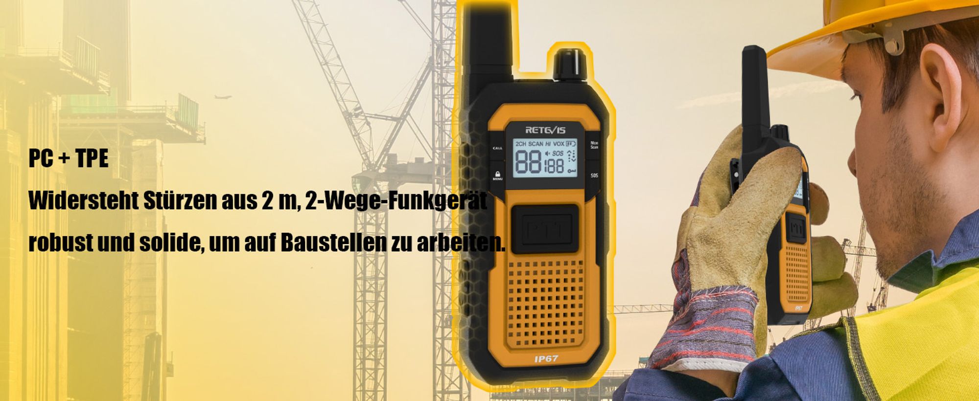 Retevis RB648 Funkgeräte, IP67 Wasserdicht, Staubdicht, Robuste, 2000 mAh Handfunkgerät, PMR446 Profi Walkie-Talkie für Baustelle, Industrie (6 Stück)