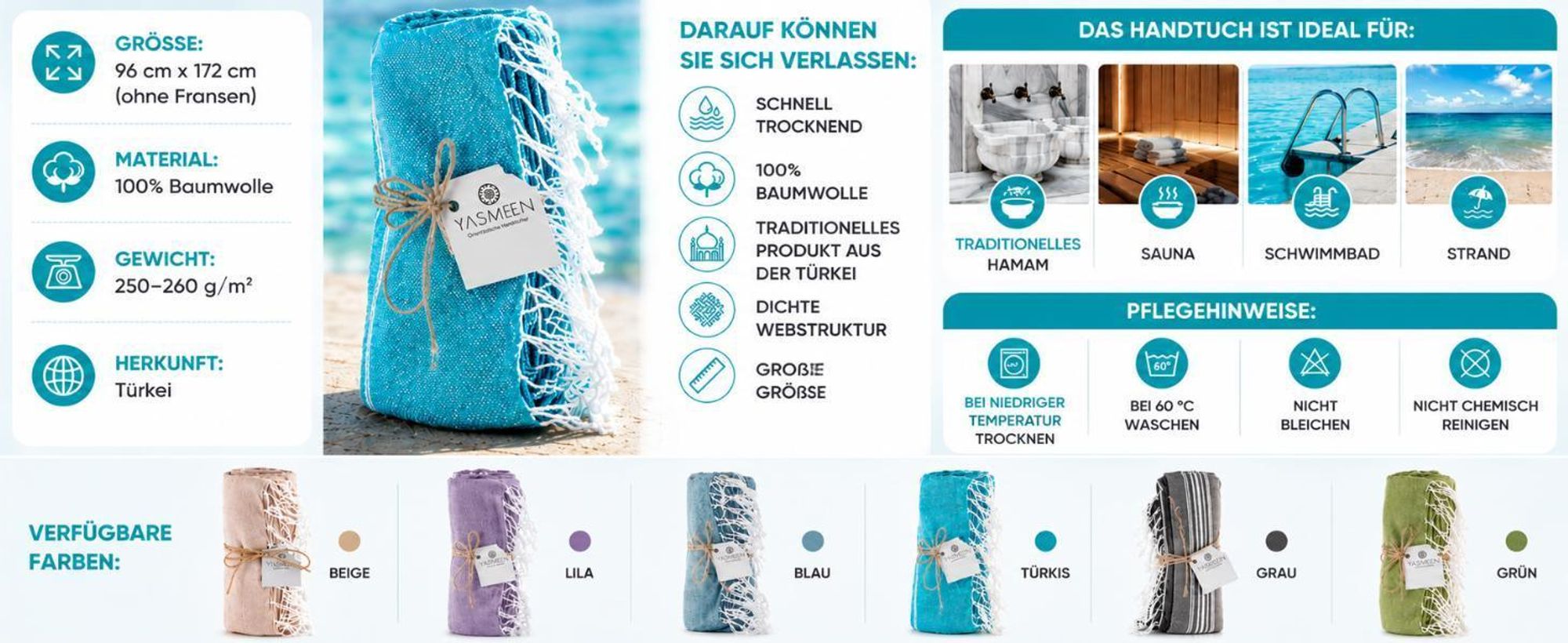 Badetuch 96 x 172 cm – 100% Baumwolle – 260 g/m² – Saunatuch – Strandtuch – Pestemal Hamamtuch - schnelltrocknend und leicht (Lila, 96x172 cm)