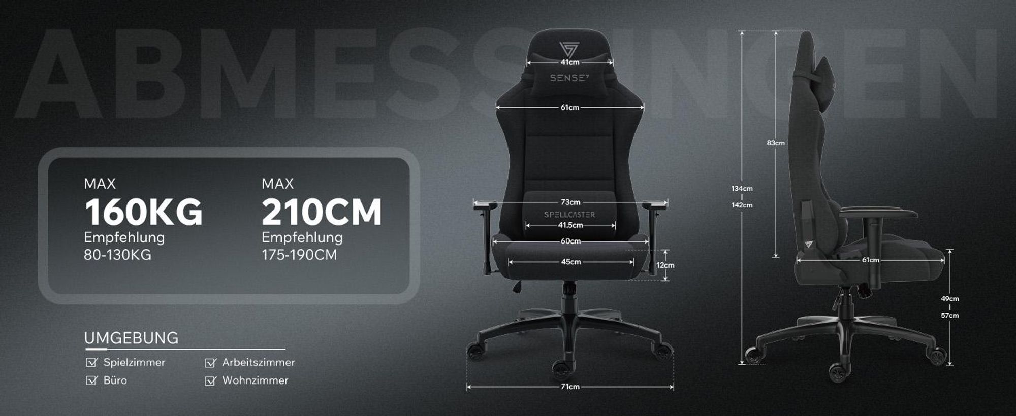 Sense7 Spellcaster FUKU XL Gamingstuhl, Gaming Sessel, Bürostuhl, Ergonomisch Schreibtischstuhl, Drehstuhl mit Kopfstützen bis zu 160kg, Schwarz stuhl