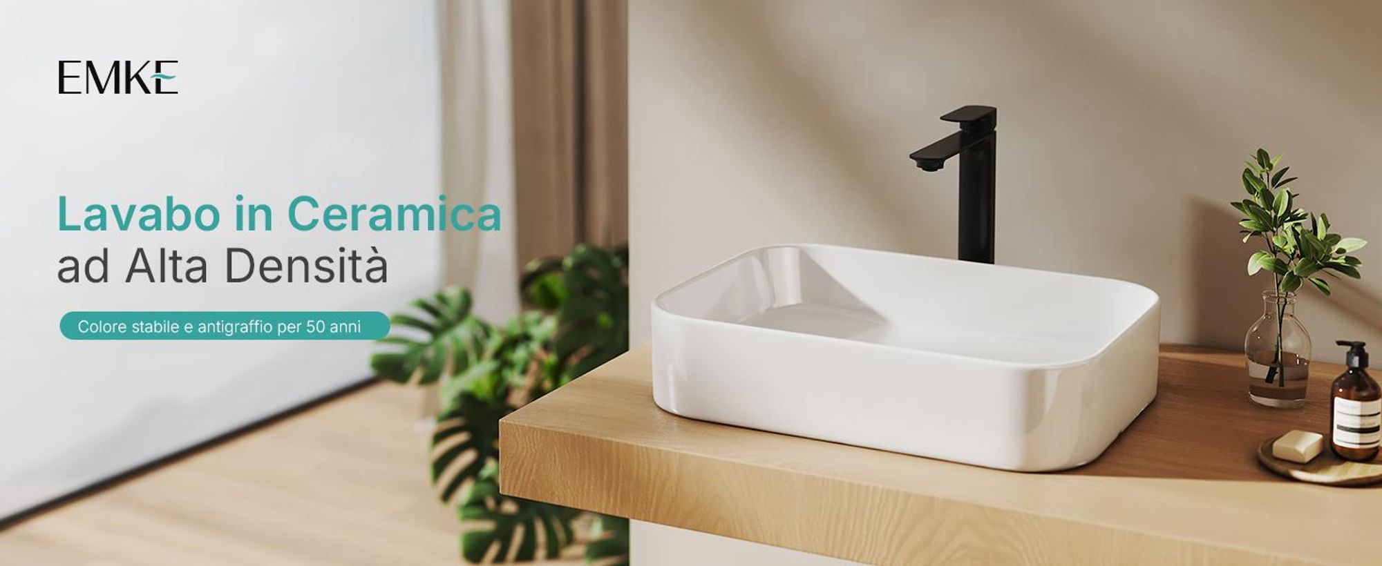 Lavabo da appoggio EMKE 505/510x370 mm rettangolare con curve dolci, ceramica bianca lucida, senza foro per rubinetto e troppopieno, design moderno