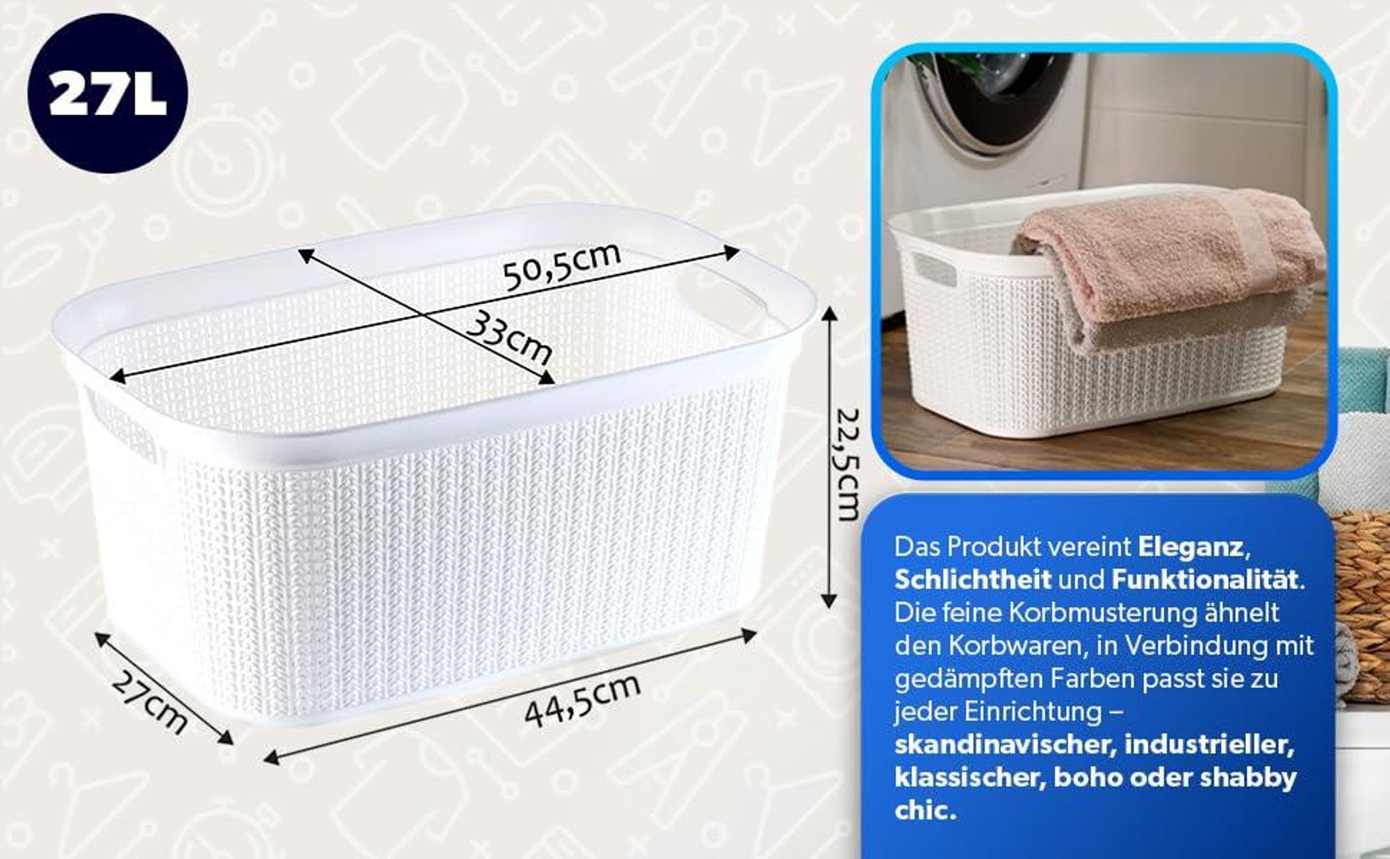 KADAX Wäschekorb "Finse", multifunktionaler Korb, 27L, Weiß