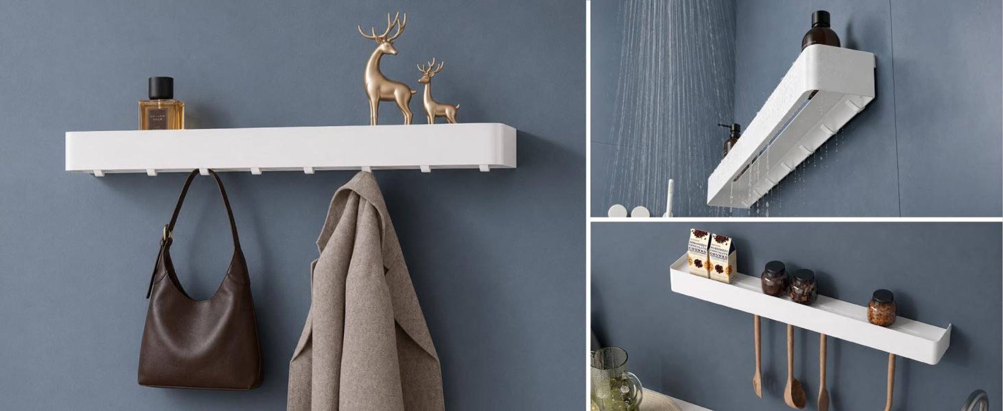 doporro Wandgarderobe mit Ablage, Garderobenleiste 80 cm mit 8 Garderobenhaken, Kleiderhaken Wand ohne Bohren Weiß Reglo-05