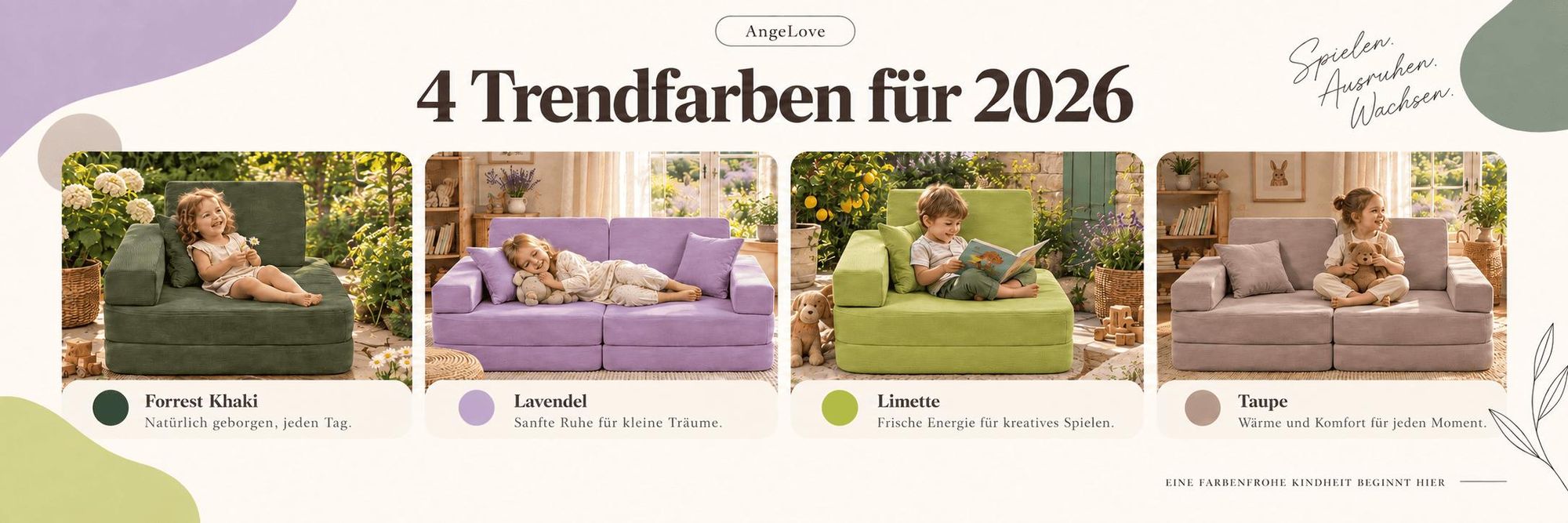 AngeLove Kindersofa und Kindersessel aus feinem Cordsamt in 4 Trendfarben 2026: Forrest Khaki, Lavendel, Limette und Taupe