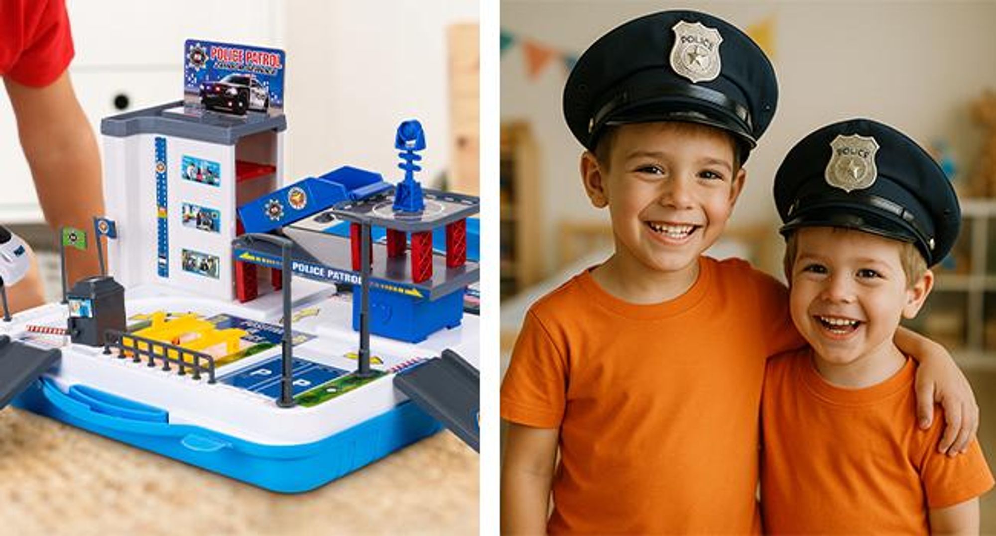 KRUMAD Polizeiparkplatz ab 3 Jahre 40 Teile, Polizei Parkhaus Spielzeug im Koffer, Tragbare Garage mit Auto und Zubehör, Polizeistation für Kinder