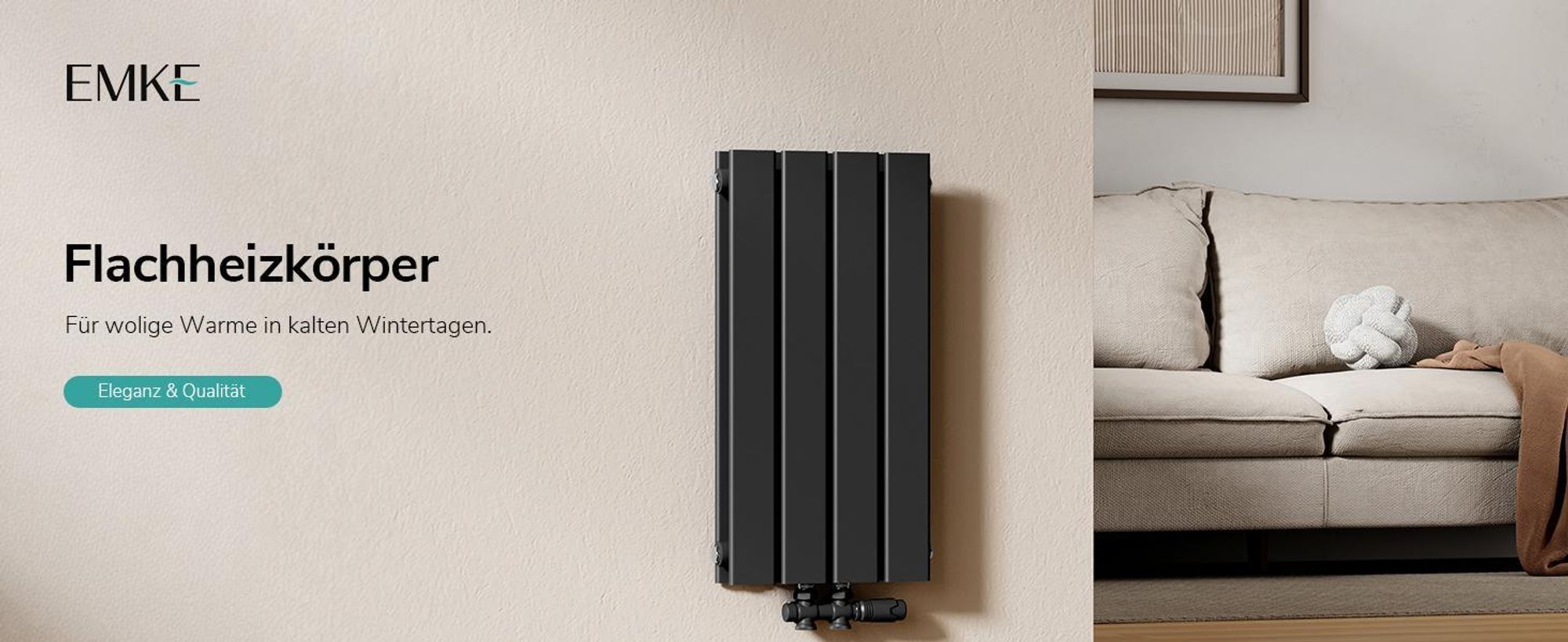 EMKE Heizkörper Flach Kompakt Design Paneelheizkörper Vertikal Doppellagig Mittelanschluss 90x30cm 559W Schwarz Platzsparend ohne Heizstab