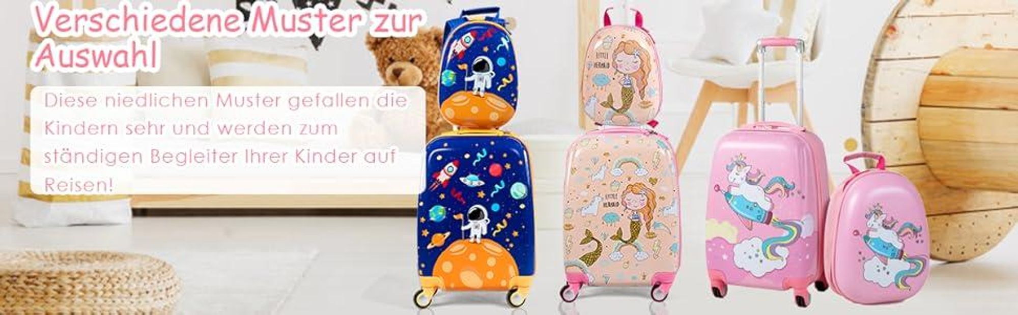 Kiderkoffer mit Rucksack, Kinderkoffer-Set mit 4 Rollen, Kindertrolley 18 Zoll + 12 Zoll (Pink)