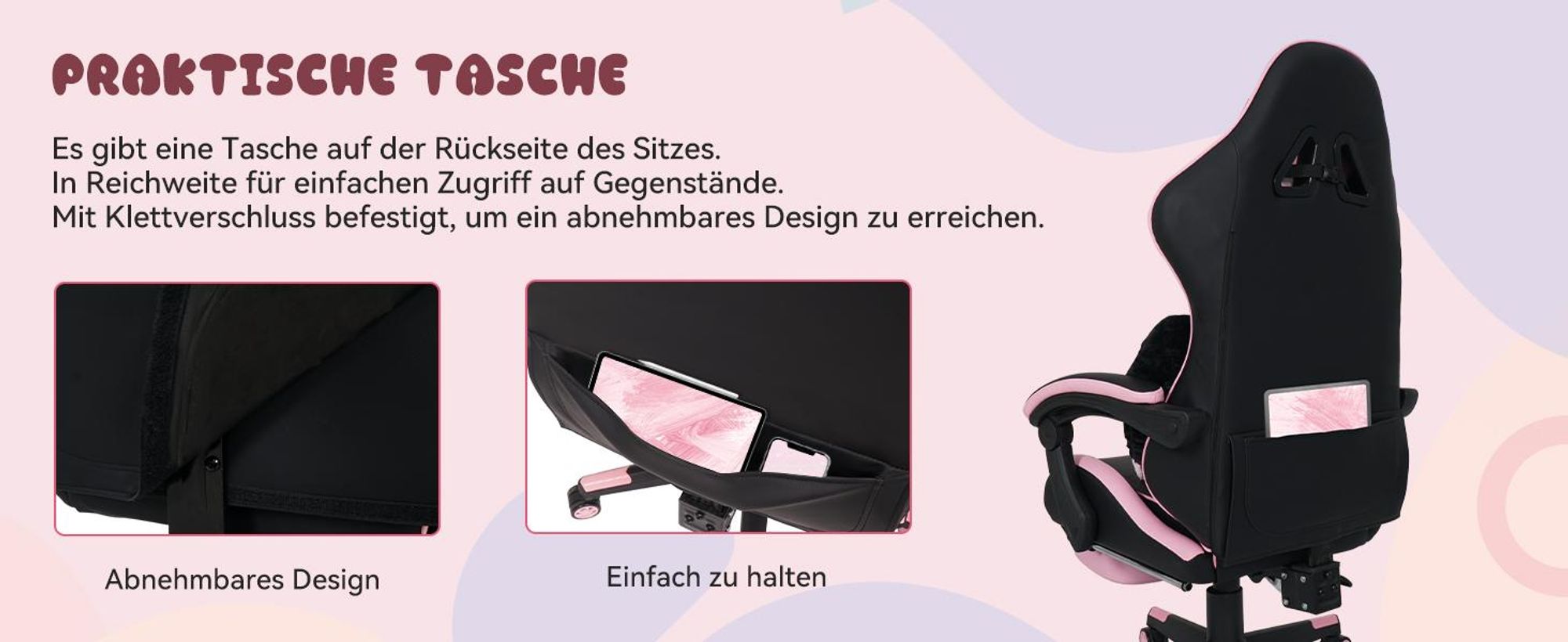 Puluomis Gaming Stuhl mit Fußstütze, Bürostuhl Chefsessel Schreibtischstuhl Racing Stuhl ergonomisch drehbar höhenverstellbar Katze Schwarz Pink