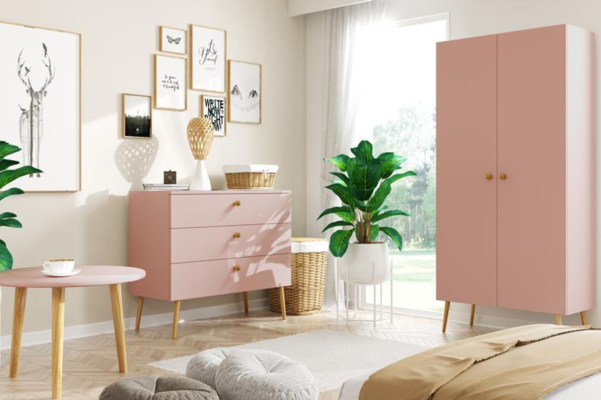 BETTSO Kleiderschrank IKON 2-türiger – Rosa – 87x212 cm – Skandinavischer Stil – Jutegriffe – 5 Regale für Wohnzimmer und Schlafzimmer
