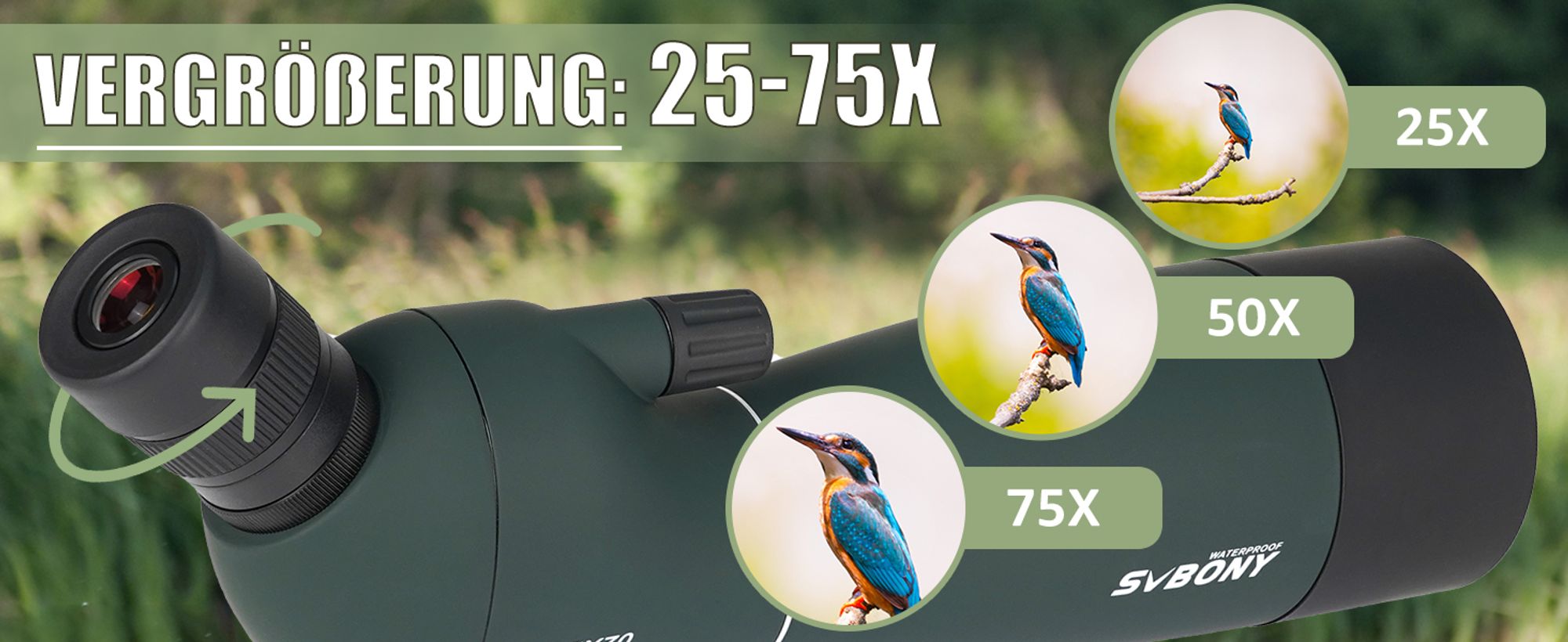 Svbony SV28PLUS Monokular Spektiv, 25-75×70mm BAK4 FMC Objektiv, mit Telefonadapter Stativtasche, für Vogelbeobachtung, Astronomie