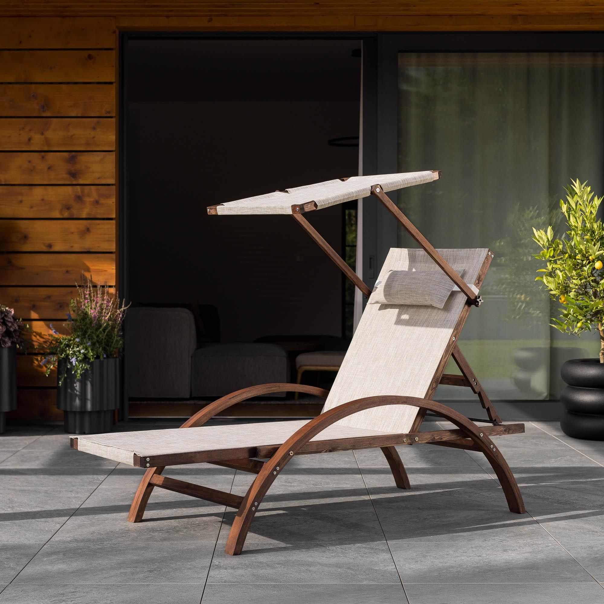 di volio Sonnenliege SPELIO – ergonomische Liege aus Lärchenholz mit Sonnendach und Kissen, wetterfester Liegestuhl für Garten (Beige)