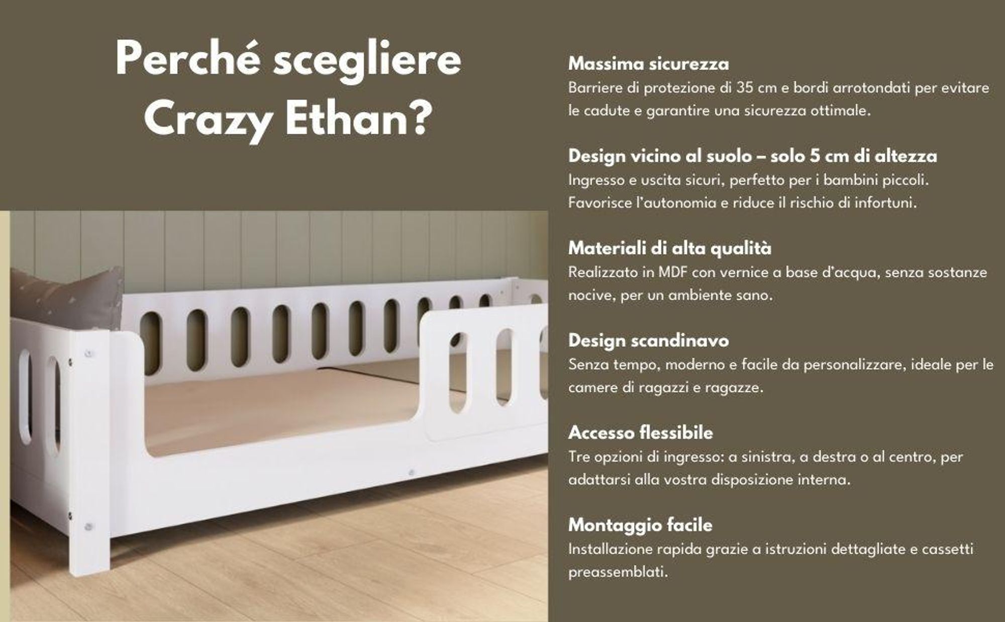 Crazy Pine Letto per Bambini 80x160 cm – Letto Montessori Bianco da Pavimento in MDF con Bordi Arrotondati – Ingresso a Destra – Crazy Ethan