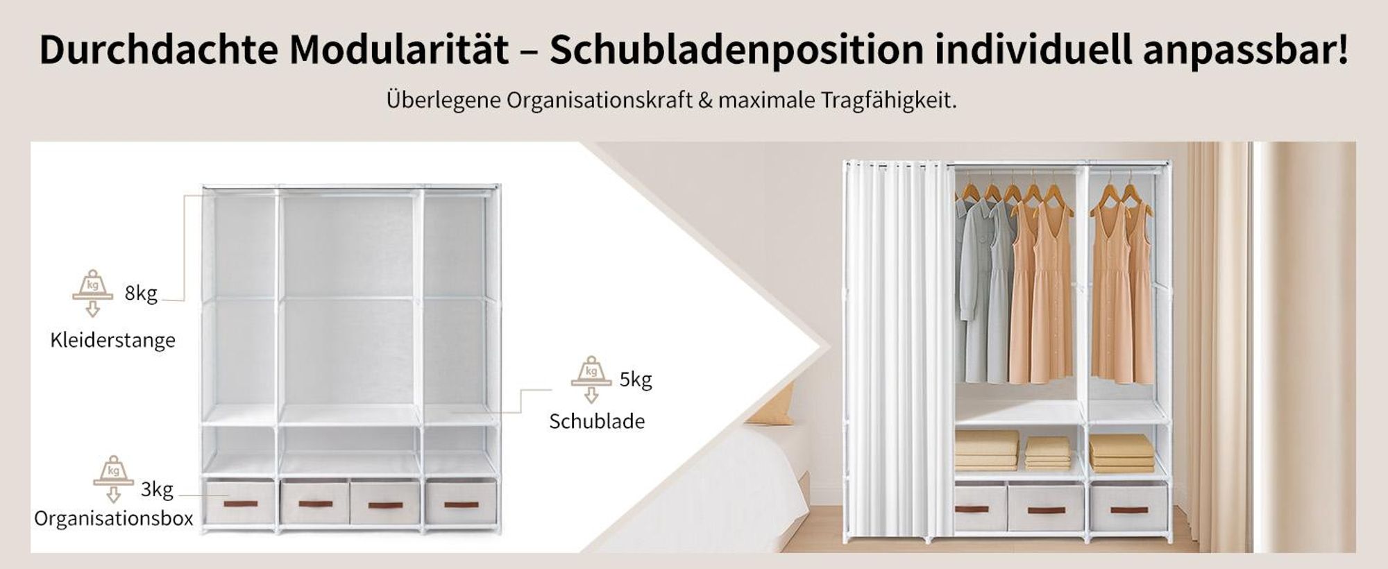 FCH Kleiderschrank, Stoffschrank mit Kleiderstange, Aufbewahrungsbox, Vorhang, 144 x 45 x 166.5 cm, Weiß