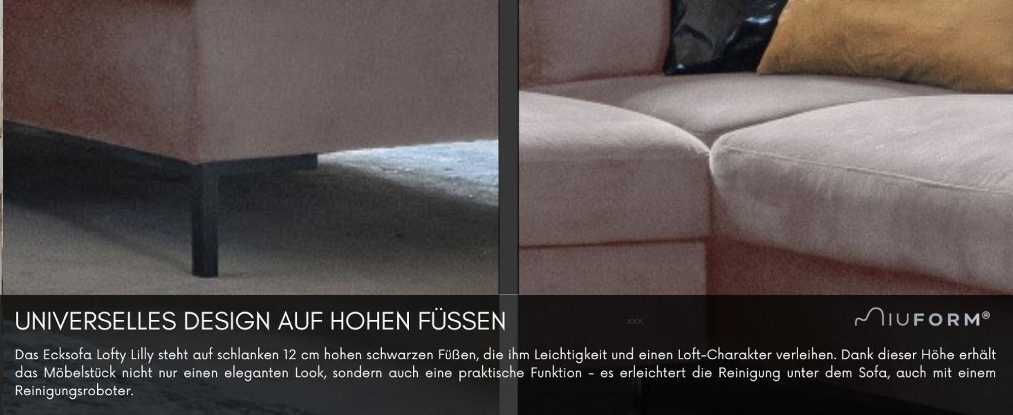 MIUFORM Lofty Lilly - Ecksofa mit Bettfunktion und Bettkasten U-FORM LINKS - 303 x 197 cm - Velours Dunkelbeige - Sofa Schlafsofa Couch